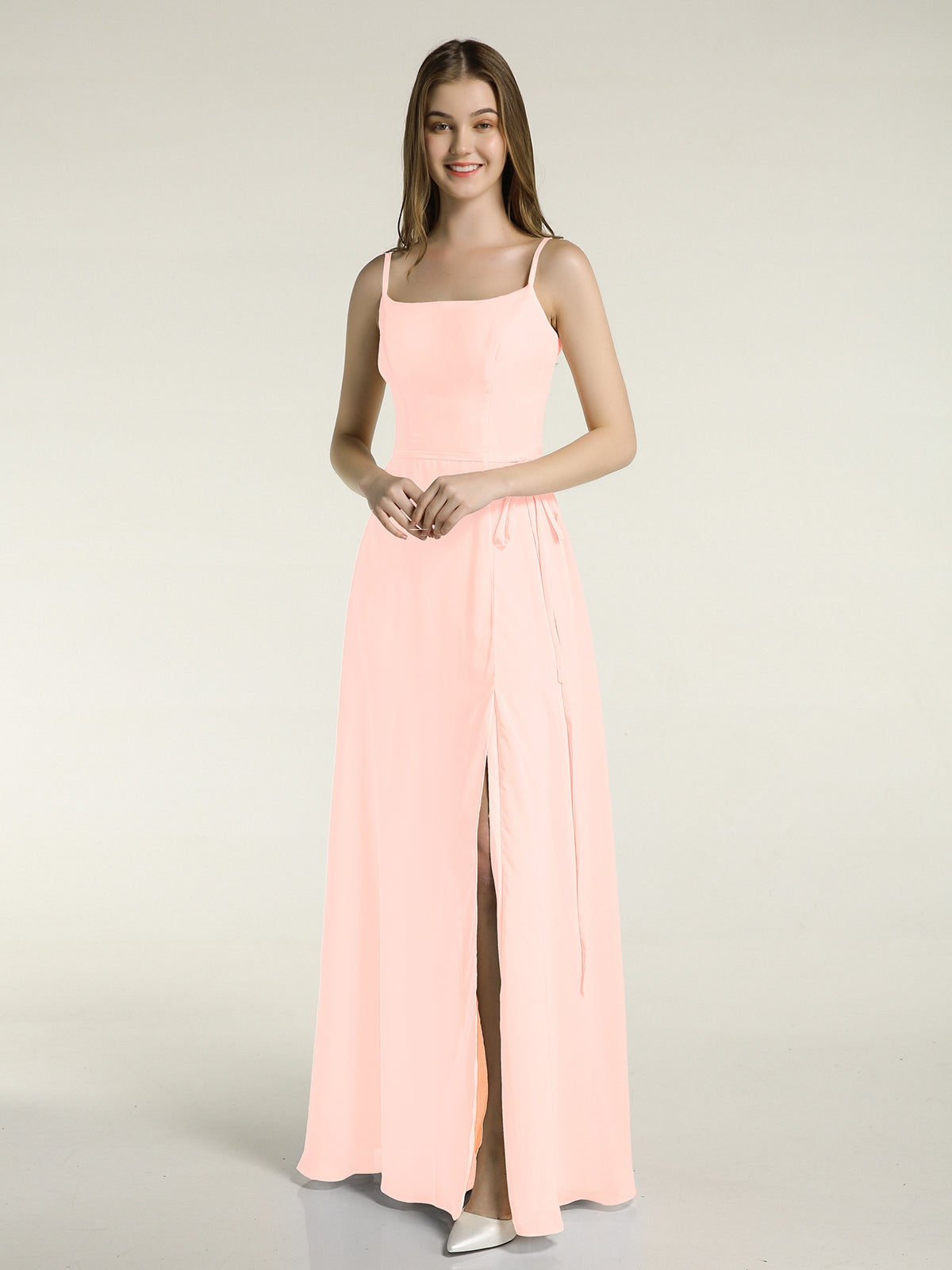 BABARONI Simple Spaghetti Strap Chiffon Gowns with Slit-Pearl Pink, Pearl Pink / US0