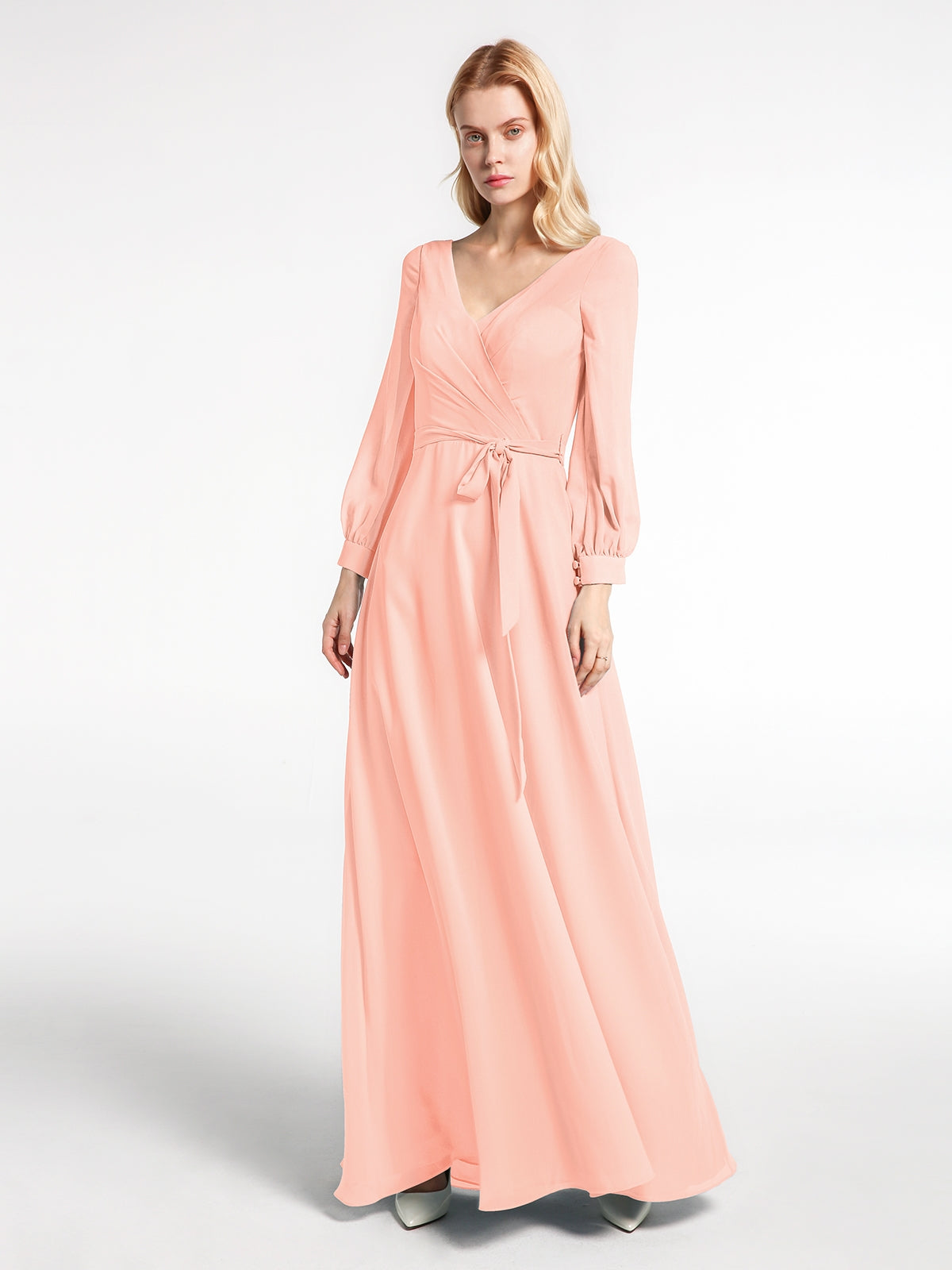 chinese dress ladies BABARONI V-Neck Bishop Sleeves Chiffon Dress with Bow-Coral Plus size, Coral / US18