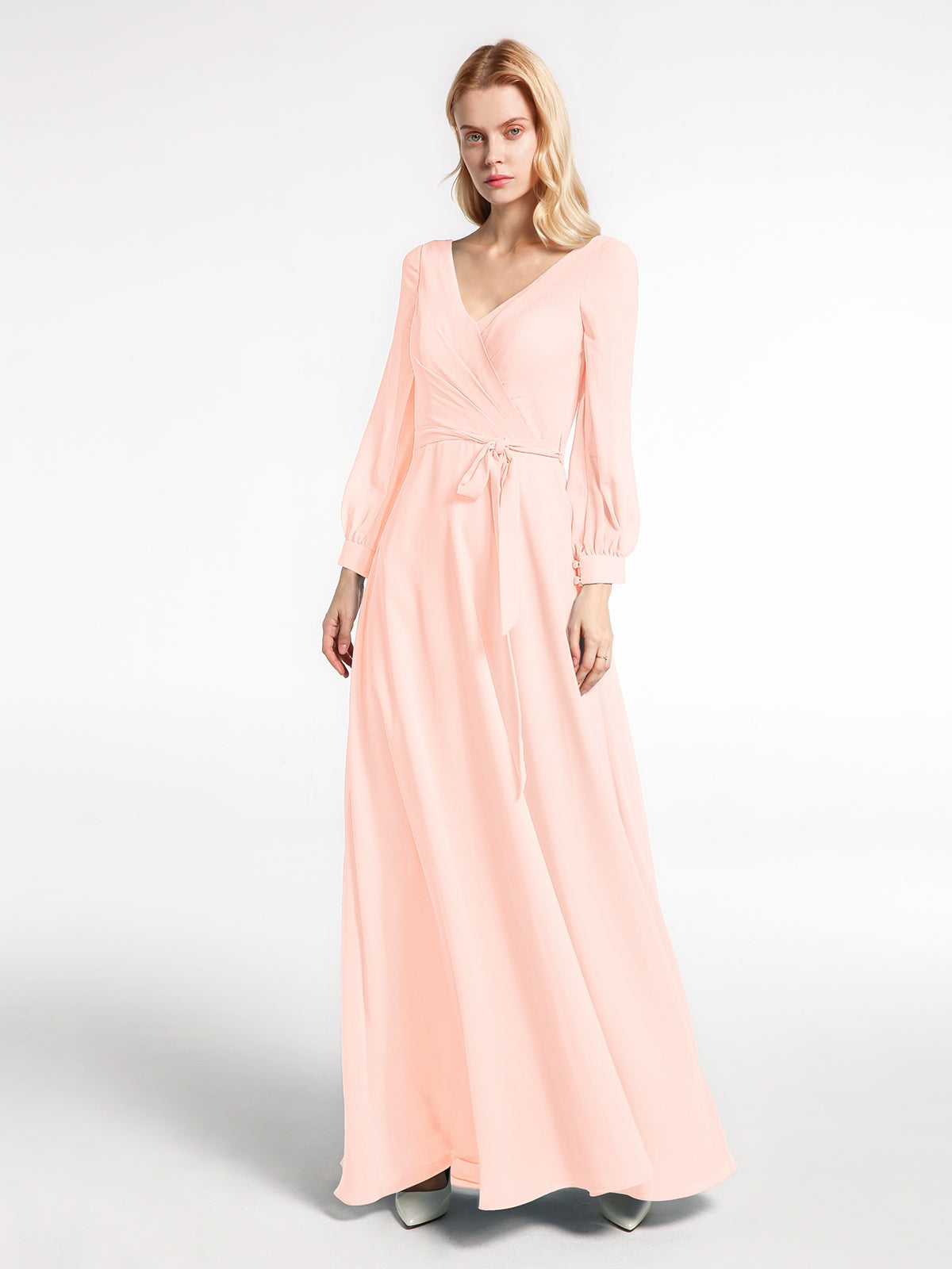 BABARONI V-Neck Bishop Sleeves Chiffon Dress with Bow-Pearl Pink Plus size, Pearl Pink / US18