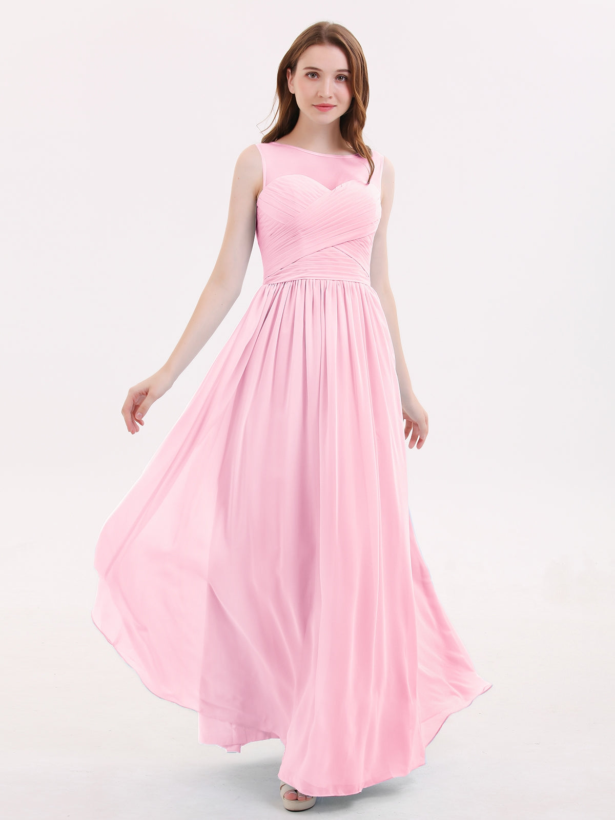 BABARONI Chiffon Candy Pink Bridesmaid Dresses Illusion Floor-length  Sleeveless Pleated A-line