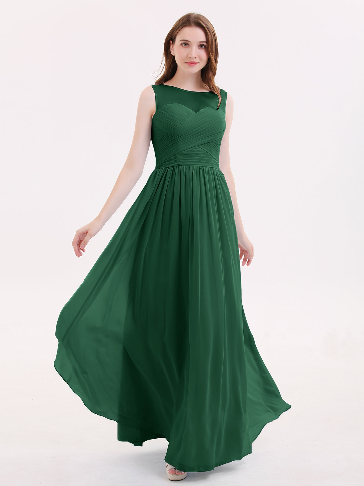 BABARONI Long Chiffon Gowns with Illusion Neckline-Dark Green, Dark Green / US0 BABARONI Long Chiffon Gowns with Illusion Neckline-Dark Green, Dark Green / US0