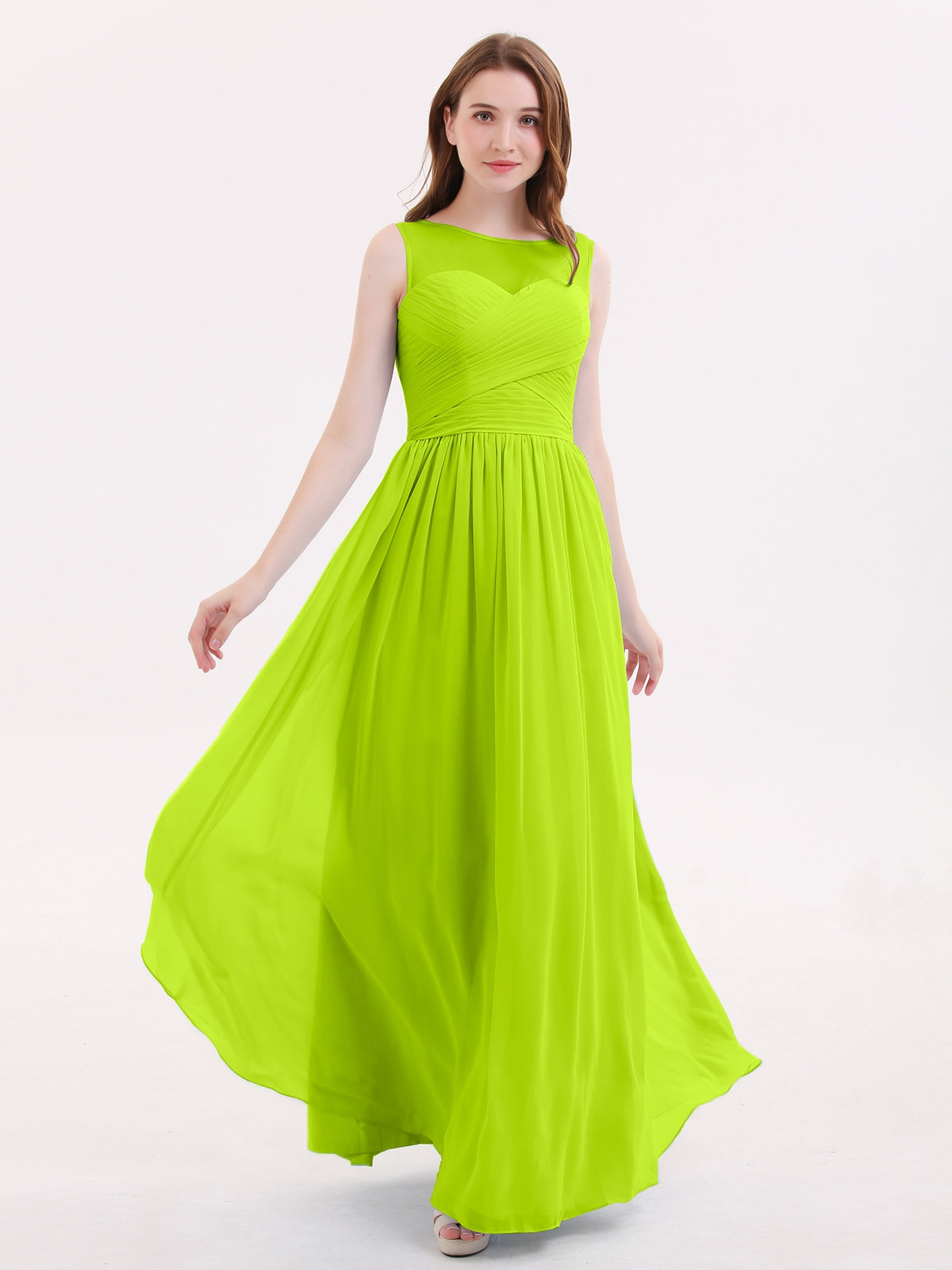 slim fit dress slacks BABARONI Long Chiffon Gowns with Illusion Neckline-Lime Green Plus size, Lime Green / US18