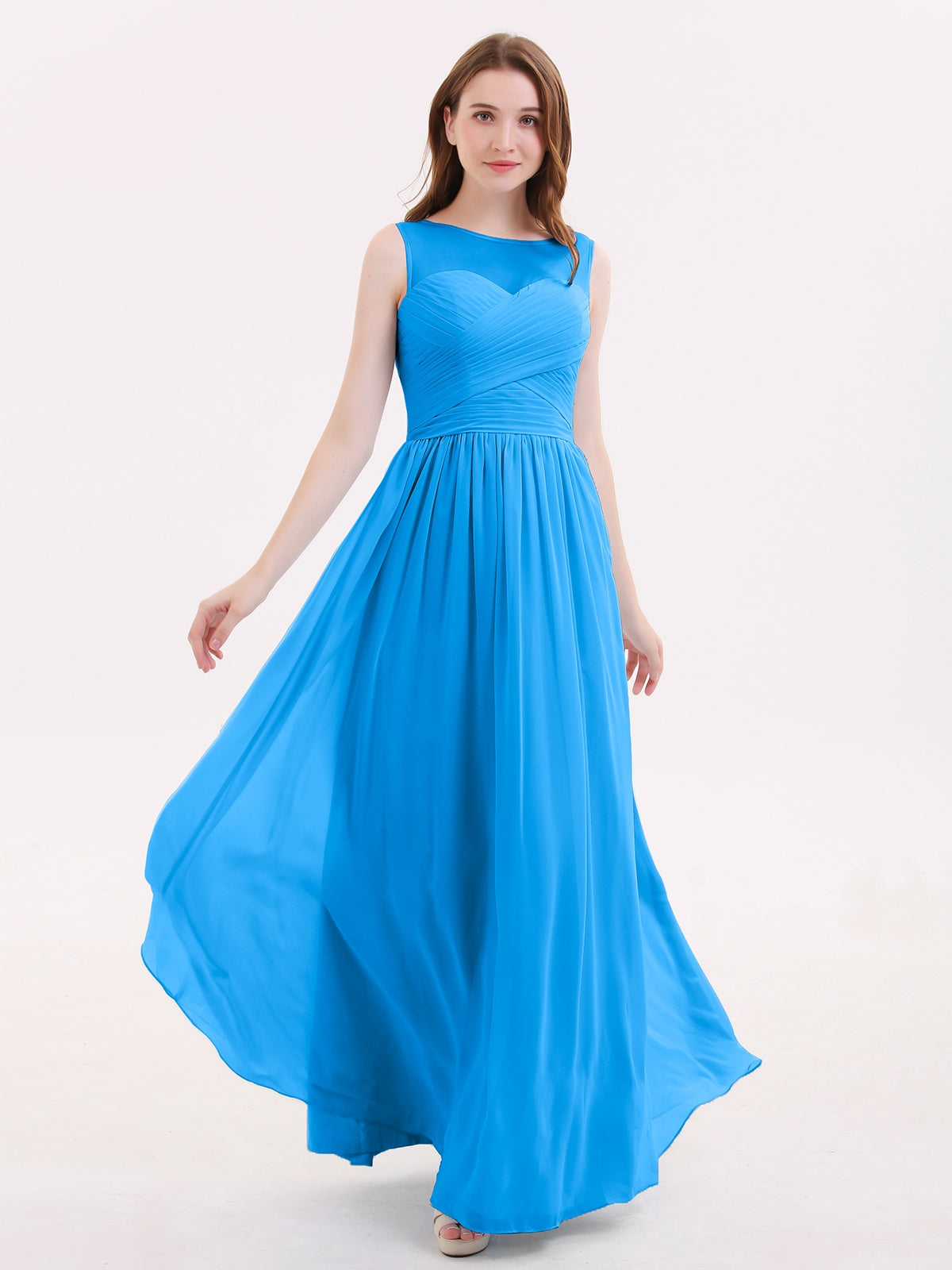 BABARONI Long Chiffon Gowns with Illusion Neckline-Ocean Blue Plus size, Ocean Blue / US18