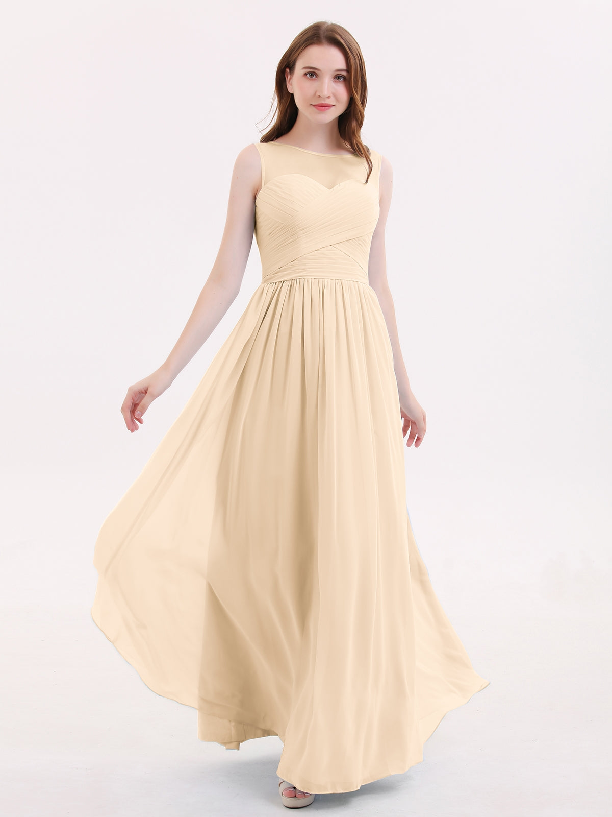 BABARONI Long Chiffon Gowns with Illusion Neckline-Peach, Peach / US0 BABARONI Long Chiffon Gowns with Illusion Neckline-Peach, Peach / US0