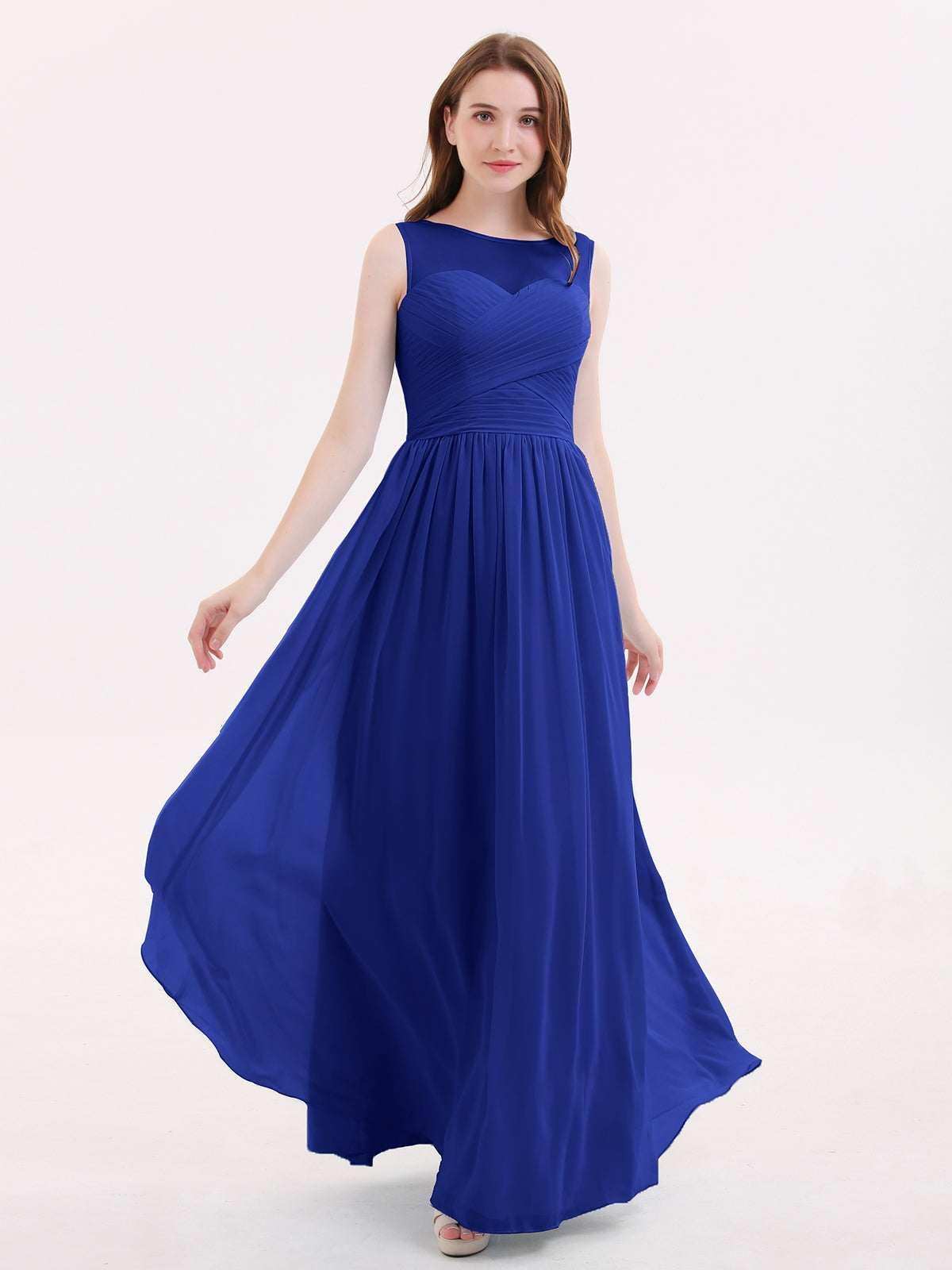 BABARONI Long Chiffon Gowns with Illusion Neckline-Royal Blue Plus Size, Royal Blue / US18