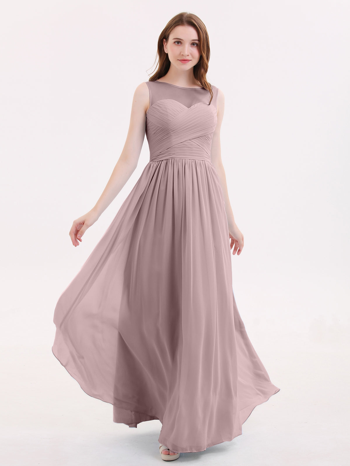 BABARONI Long Chiffon Gowns with Illusion Neckline-Vintage Mauve, Vintage Mauve / US0