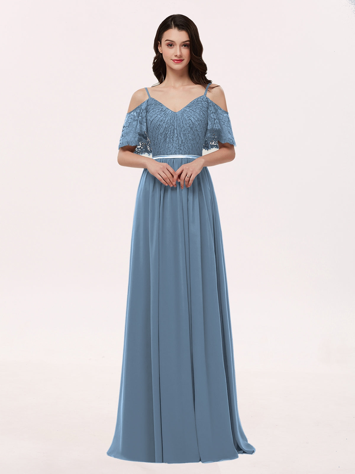 BABARONI Chiffon Slate Blue Bridesmaid Dresses V-neck Floor-length