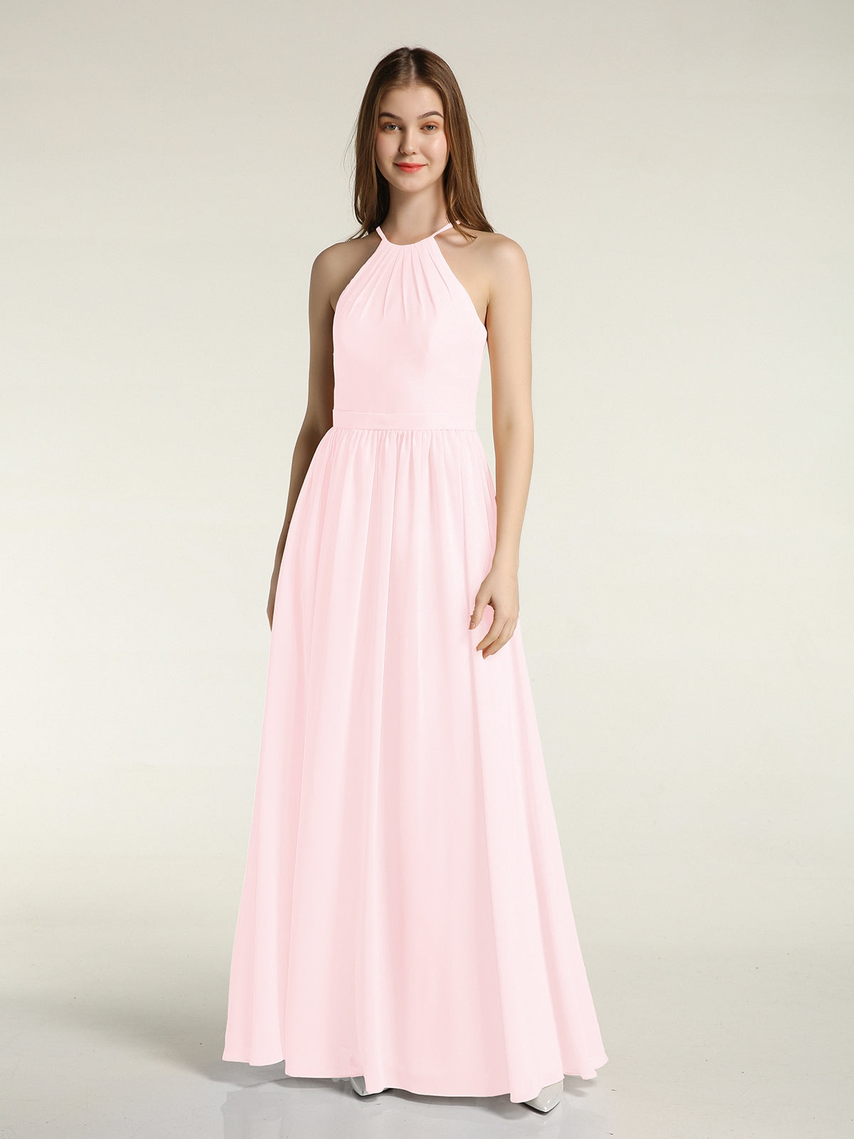 A-line Floor-Length Chiffon Pleated Dress Blushing Pink Plus Size