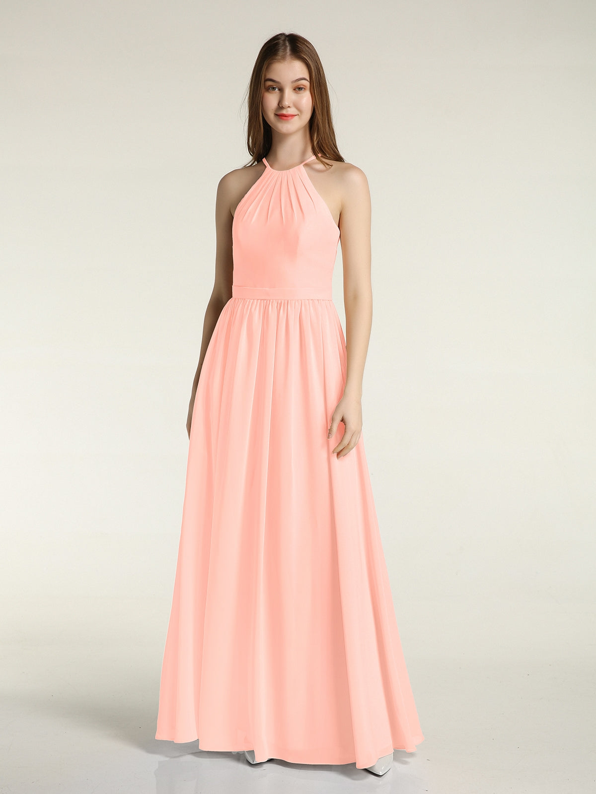 BABARONI Halter Chiffon Long Bridesmaid Dresses-Coral, Coral / US0