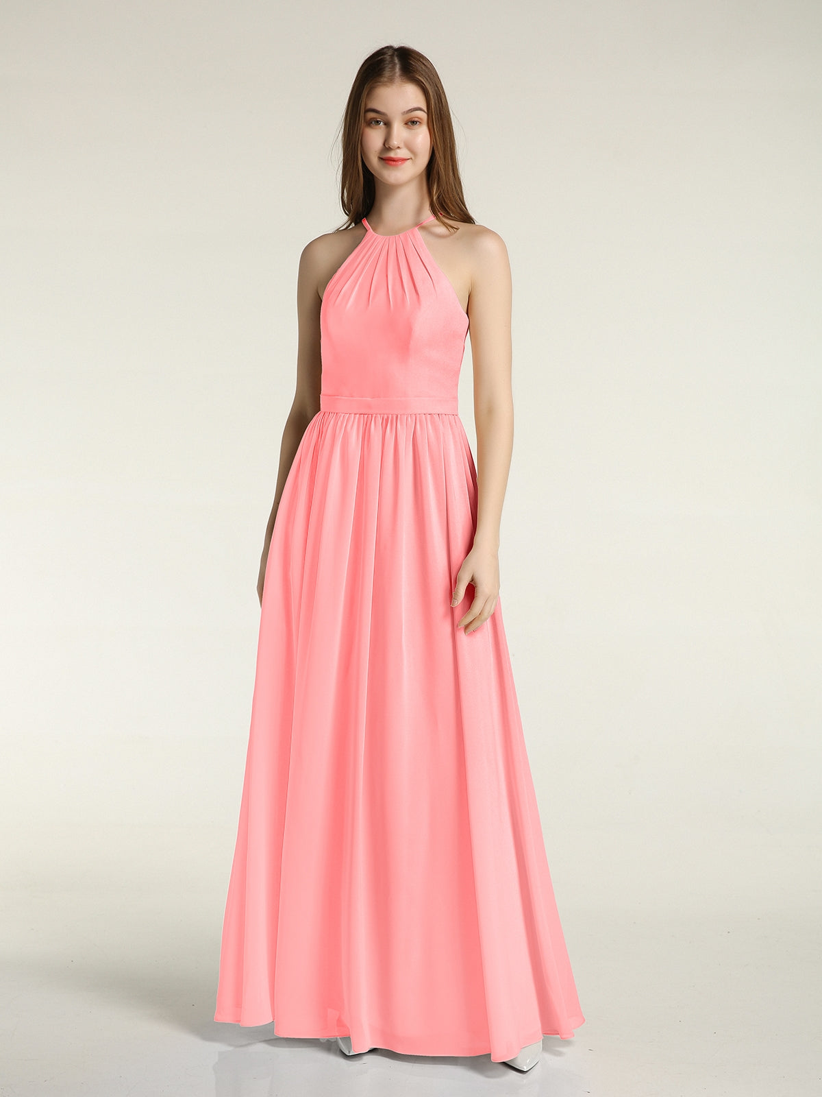 BABARONI Chiffon Flamingo Bridesmaid Dresses Halter Floor-length Sleeveless Ruffle A-line, Flamingo / US0