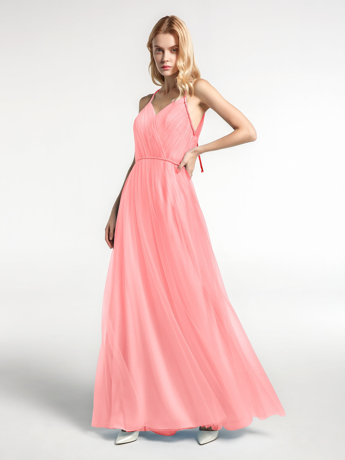 A-Line Jewel Neckline Tulle Dress Flamingo