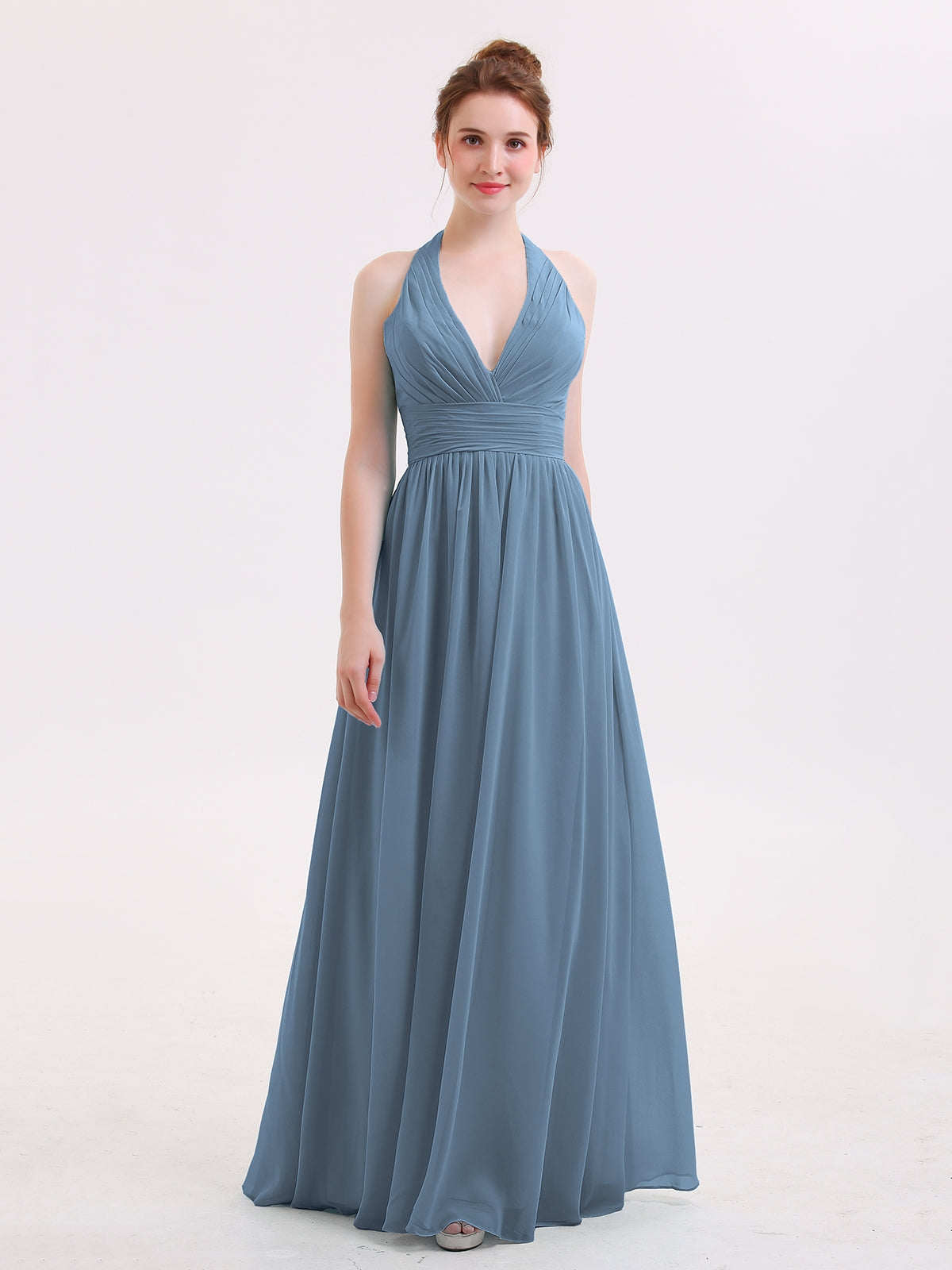 Long Halter Chiffon Dresses of Bridesmaid Slate Blue main image 1