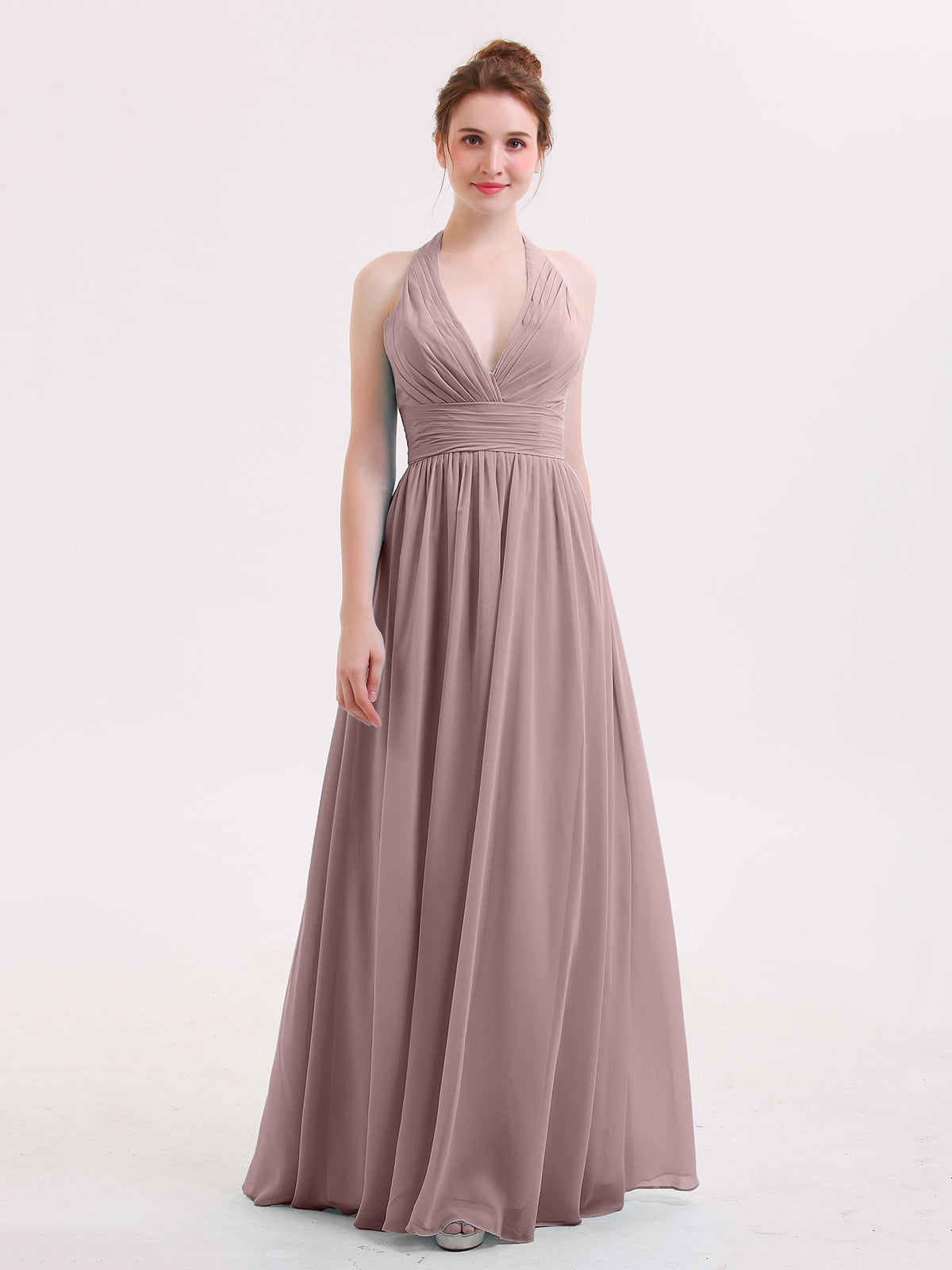 Illusion High Neck Chiffon Bridesmaid Gown Vintage Mauve Plus Size