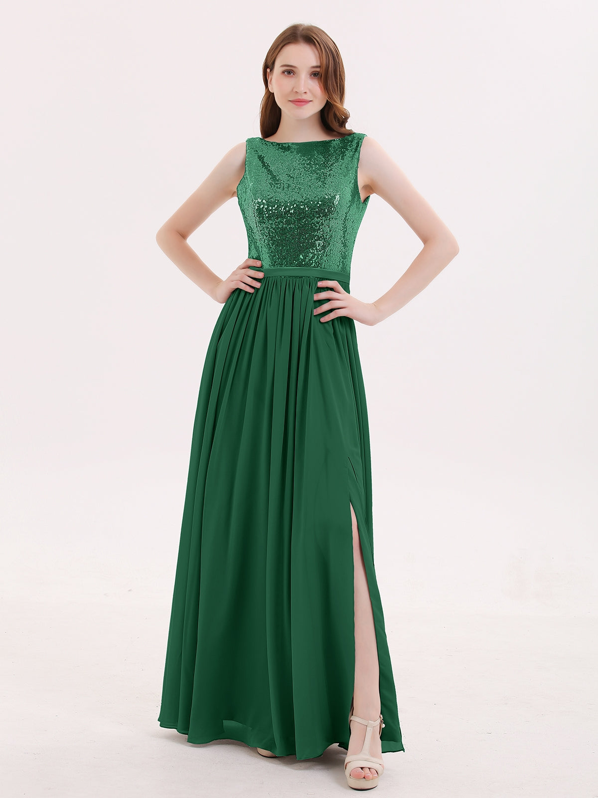 BABARONI Sequins and Chiffon Dress with Slit-Dark Green Plus Size, Dark Green / US18 BABARONI Sequins and Chiffon Dress with Slit-Dark Green Plus Size, Dark Green / US18