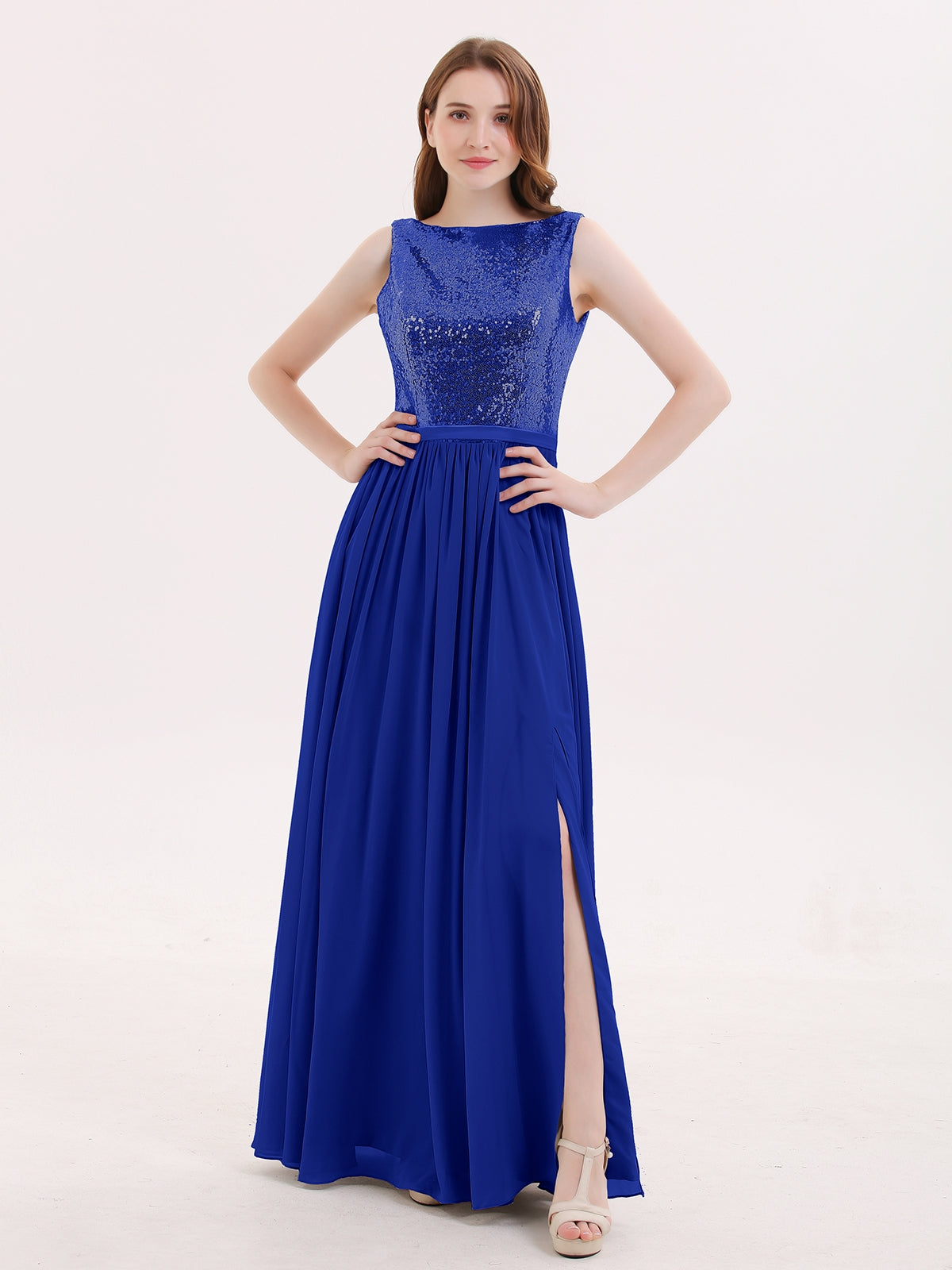 DOUBLE BEADED STRAP Chiffon Gowns with Slit Slate Blue Plus Size main image 1