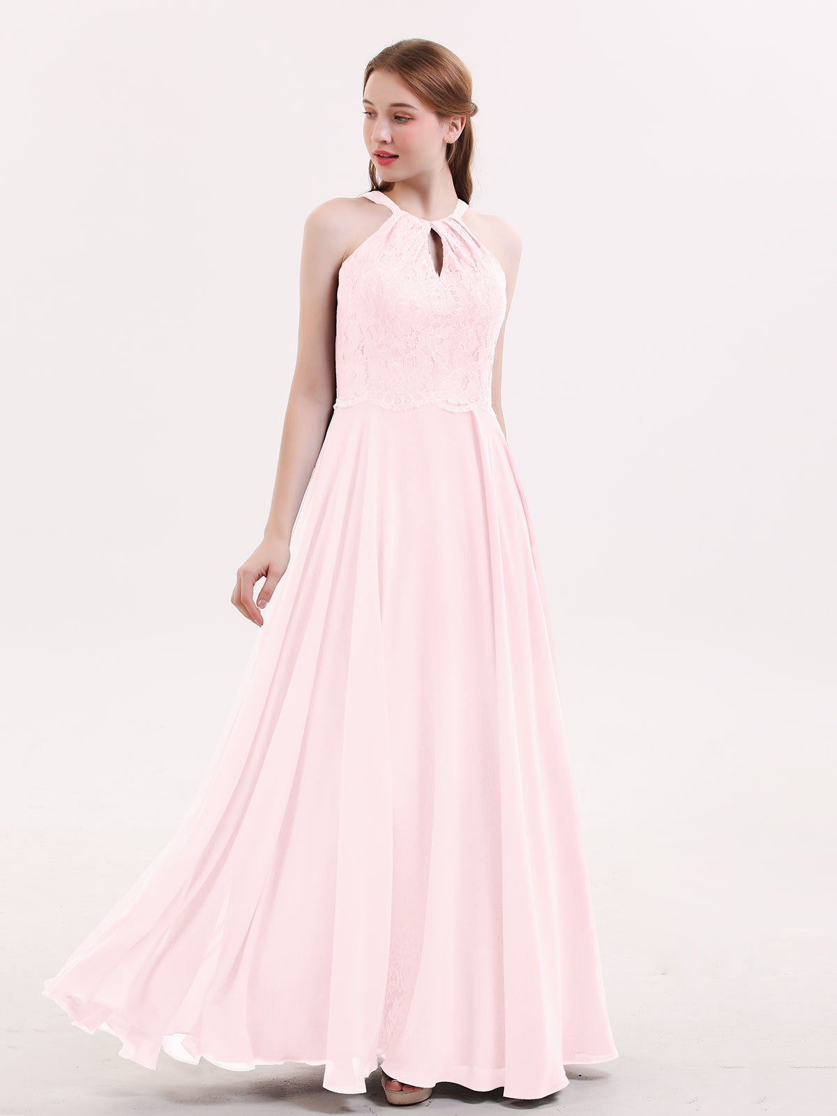 strapless open back dress Light Pink Satin Bow Back Halter Neck Dress main image 1
