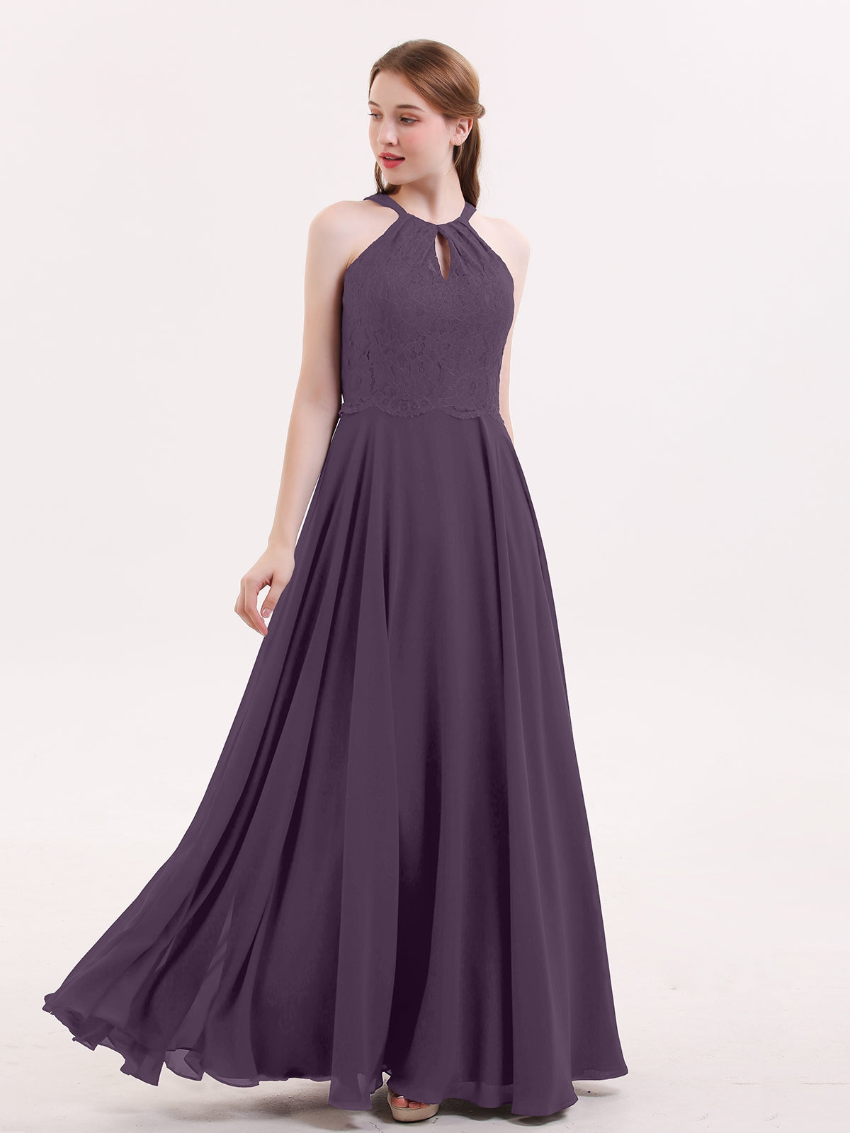 Halter Straps Full Length Chiffon Dresses with Pockets Plum Plus Size