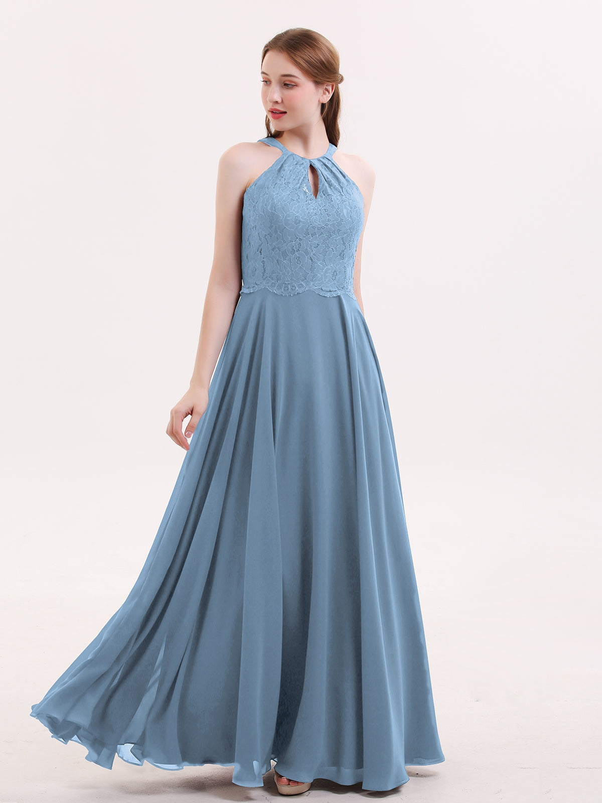 BABARONI Lace and Chiffon Halter Dress with Open Back-Slate Blue, Slate Blue / US0