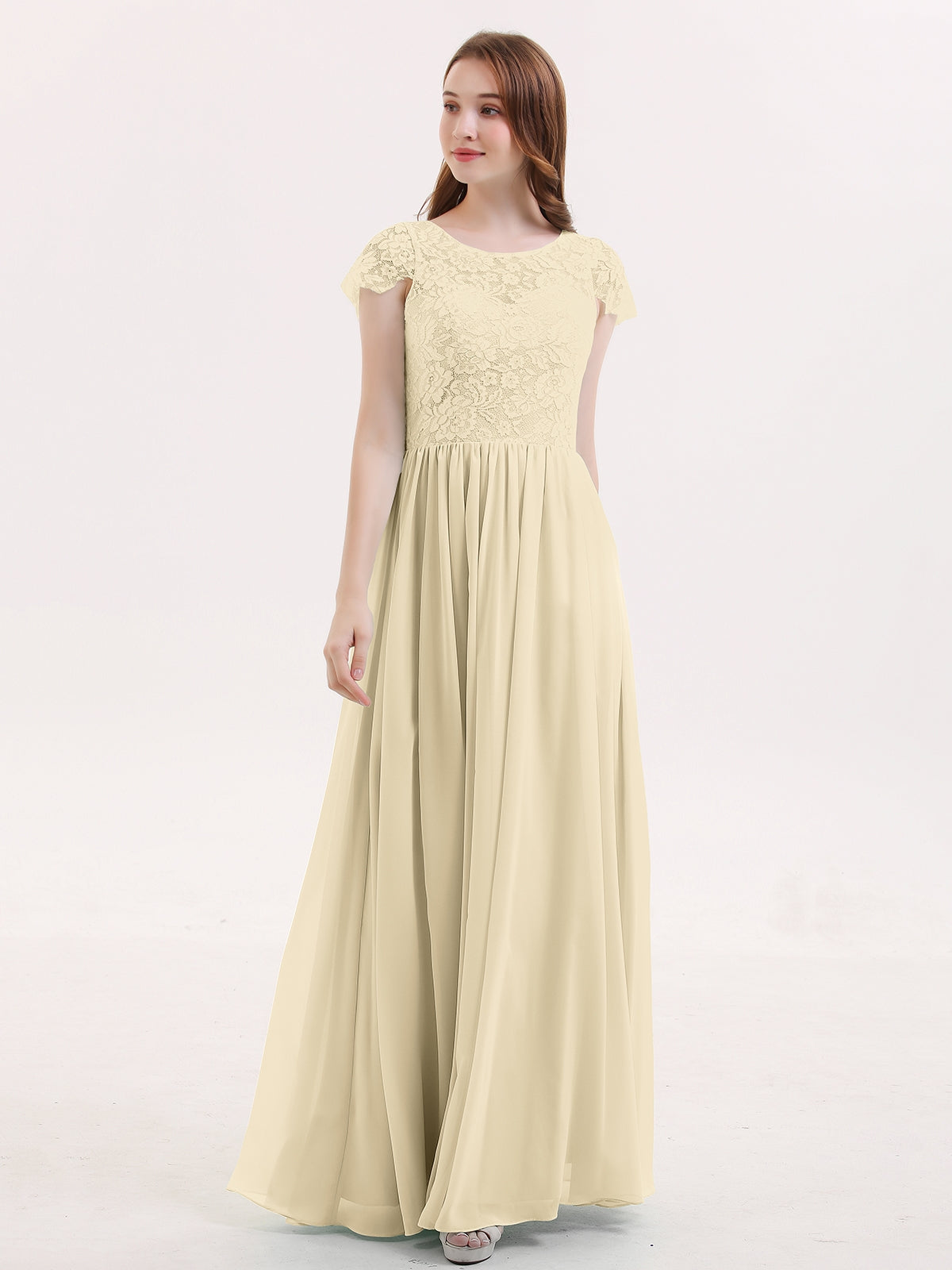 BABARONI Long Bridesmaid Dresses with Cap Sleeves Champagne, Champagne / US0