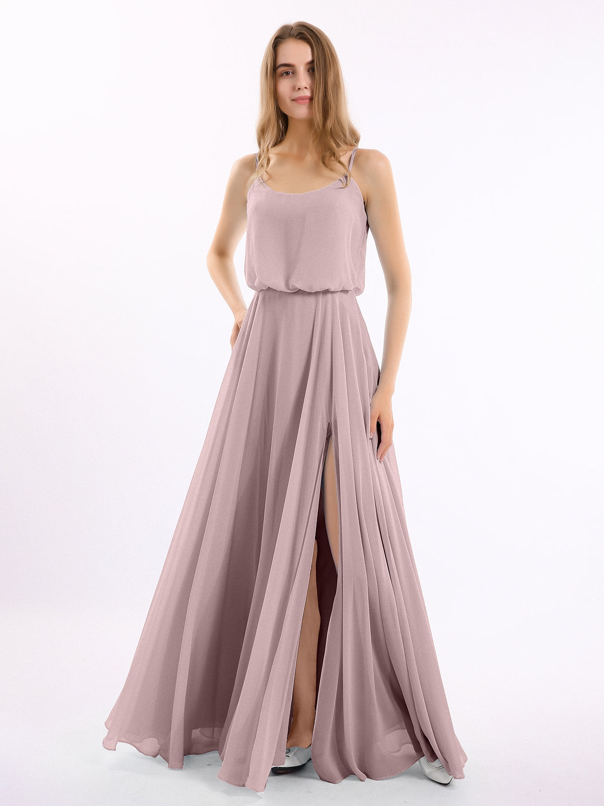 BABARONI Chiffon Vintage Mauve Bridesmaid Dresses Scoop Floor-length Spaghetti Straps with Slit A-line, Vintage Mauve / US0
