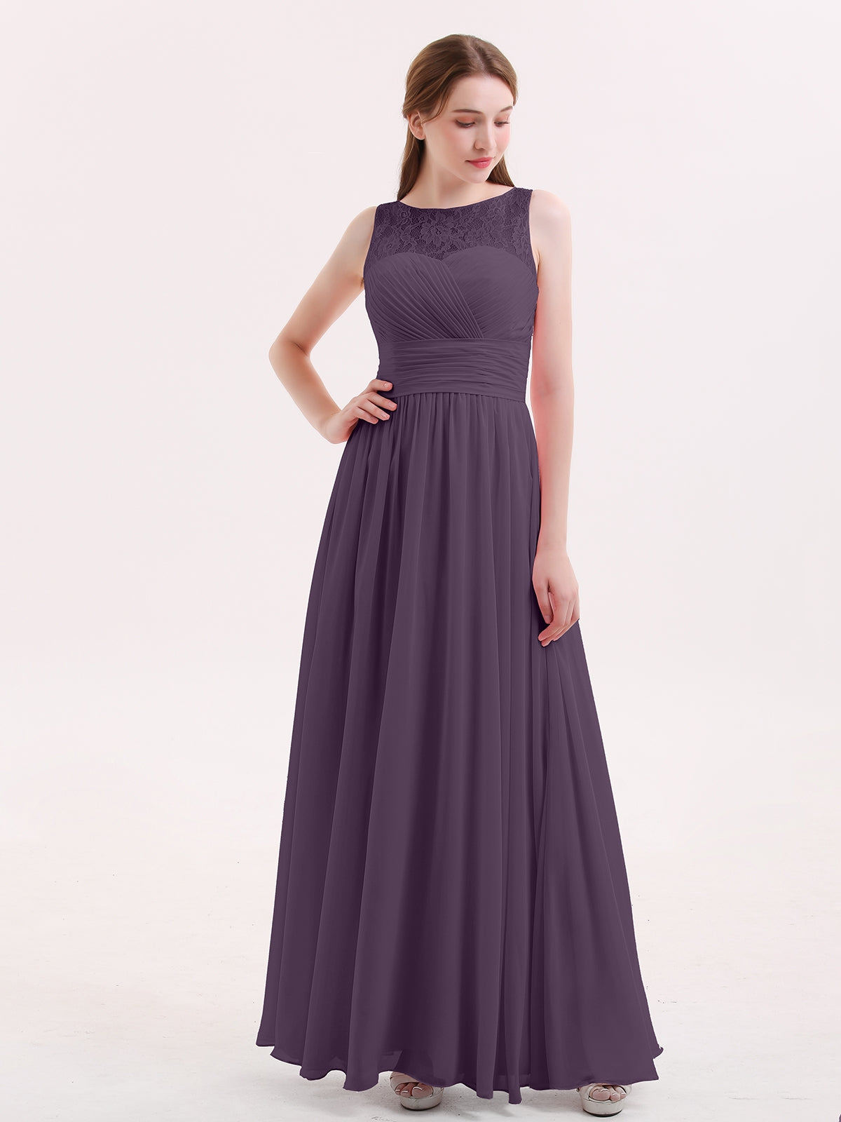 Full Length Chiffon Dresses with Bow Plum