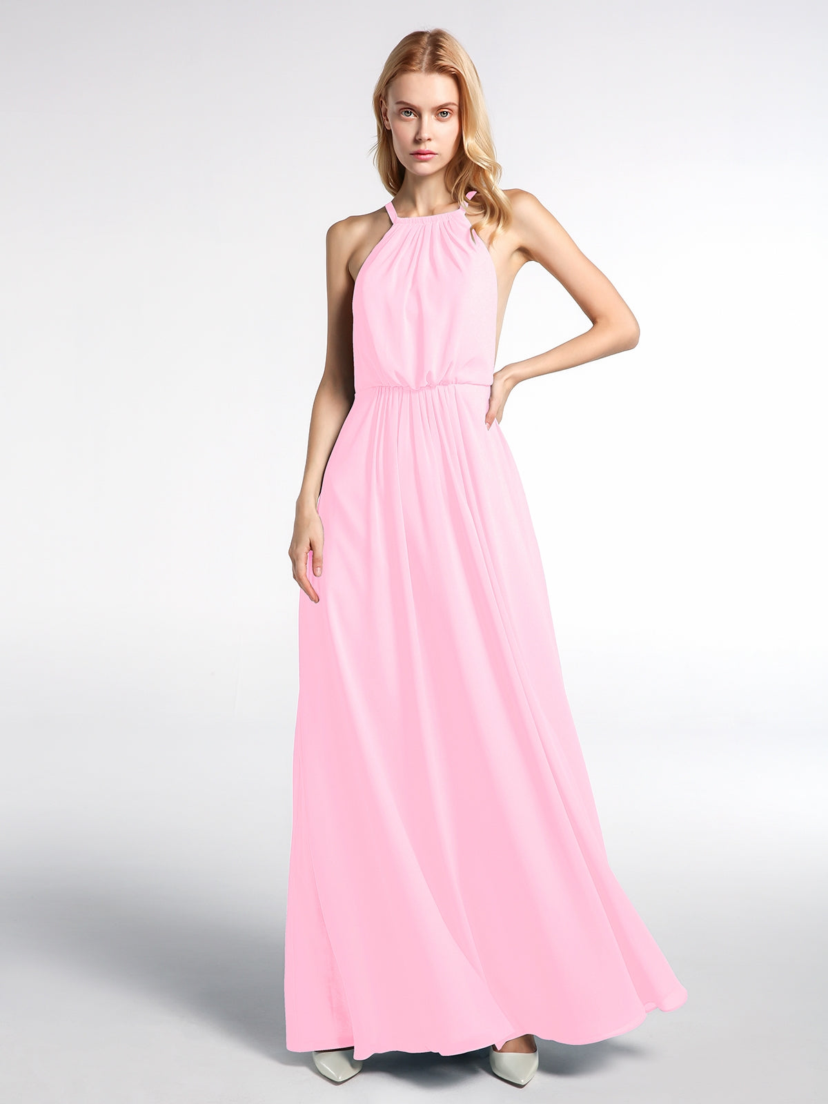 BABARONI Halter Neck Low Back Chiffon Maxi Sexy Dress-Candy Pink Plus size, Candy Pink / US18