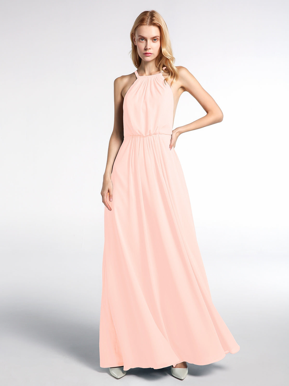 BABARONI Halter Neck Low Back Chiffon Maxi Sexy Dress-Pearl Pink, Pearl Pink / US0