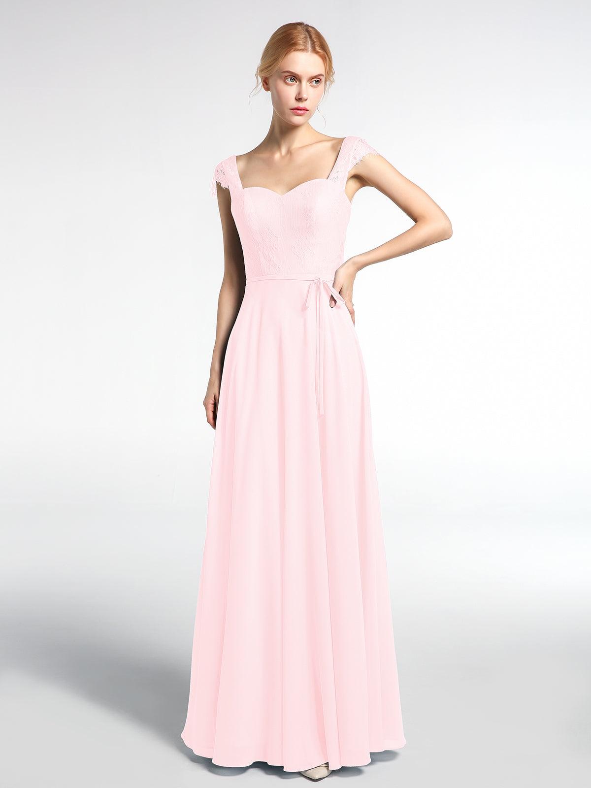 BABARONI Lace Bodice Chiffon Skirt Dress with Cap Sleeves-Blushing Pink, Blushing Pink / US0