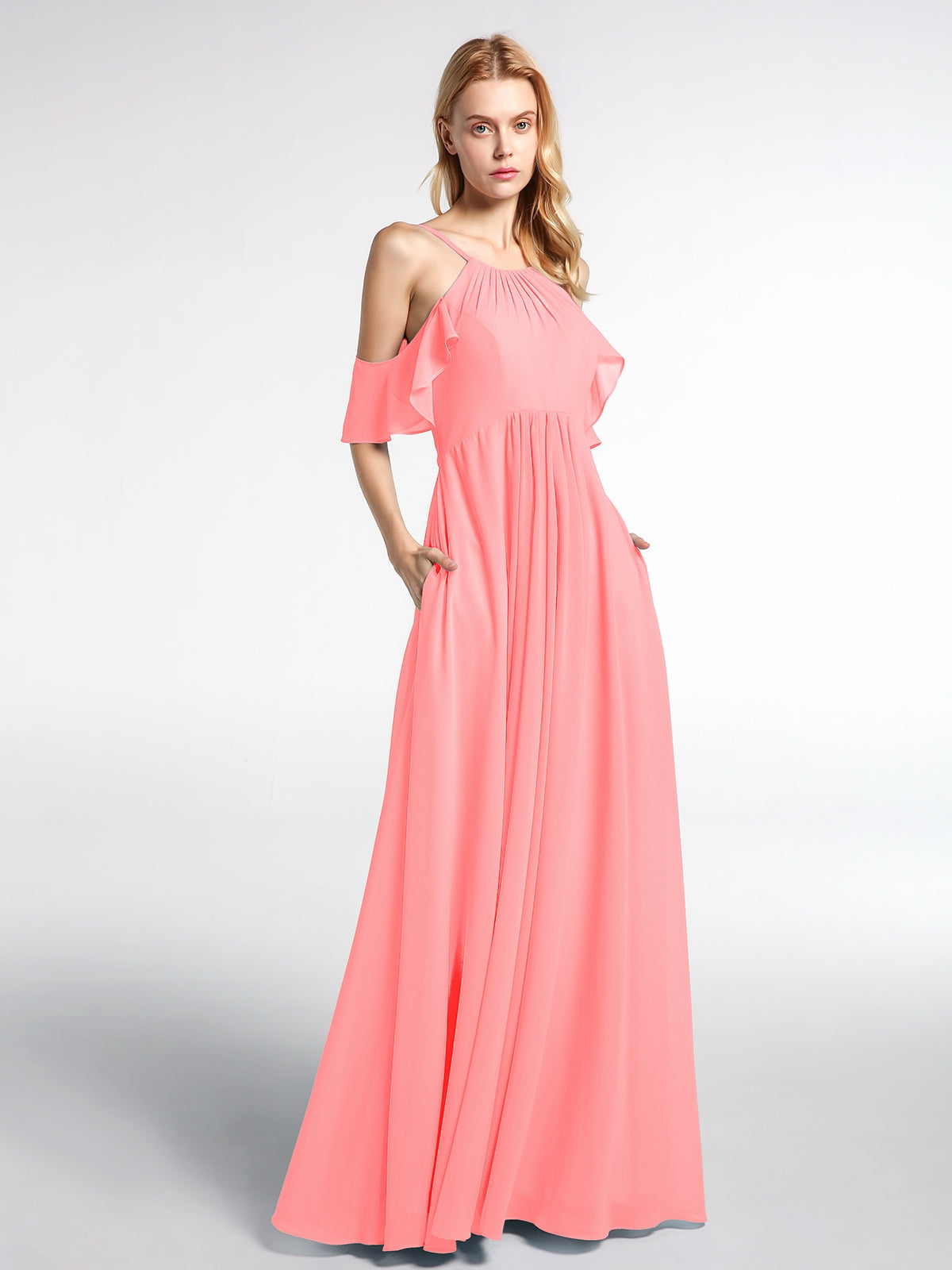 Keyhole Halter Neck Chiffon Dress with Pockets Flamingo