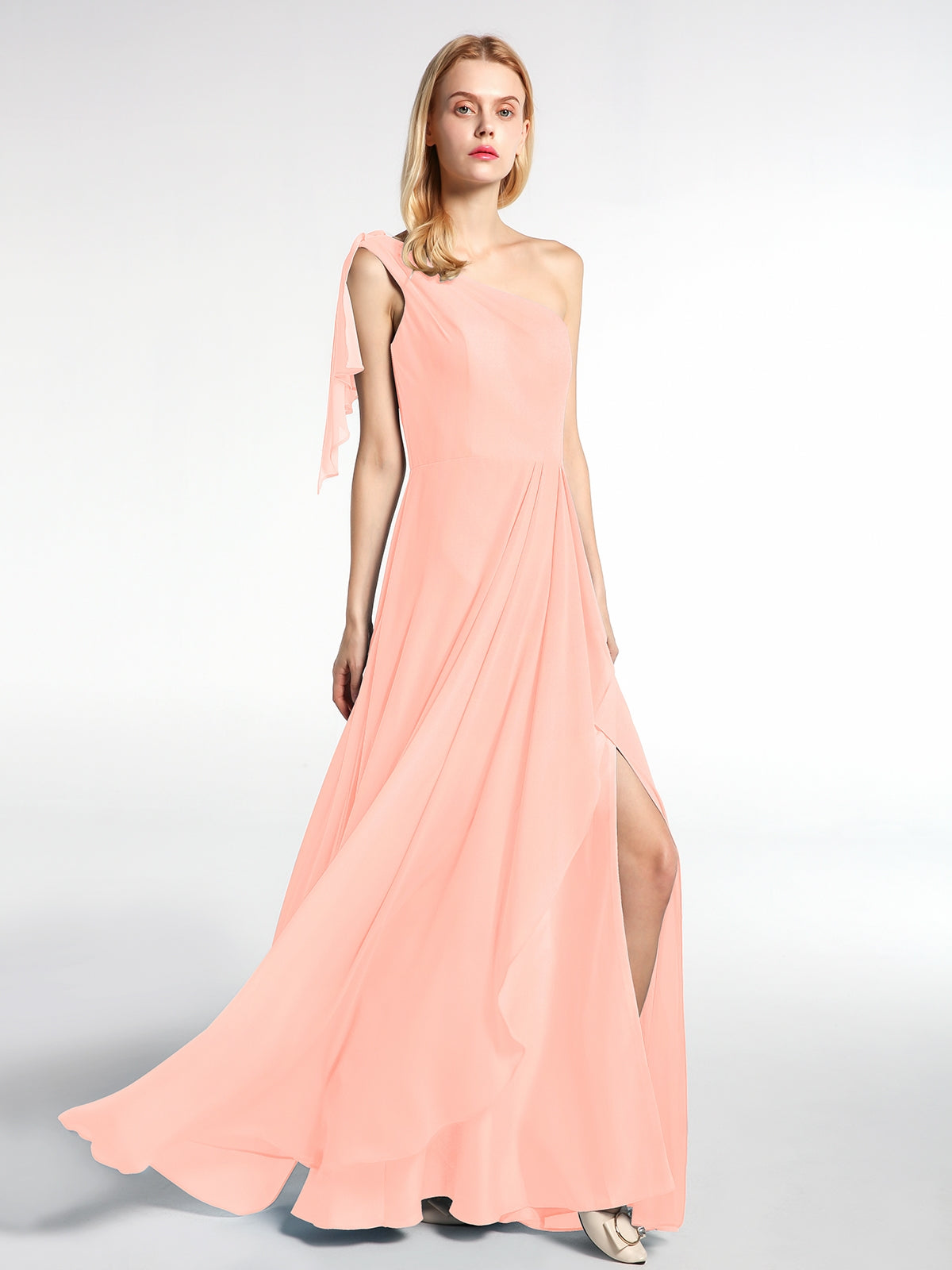 One Shoulder Chiffon Maxi Dress with Cascade-Coral – BABARONI