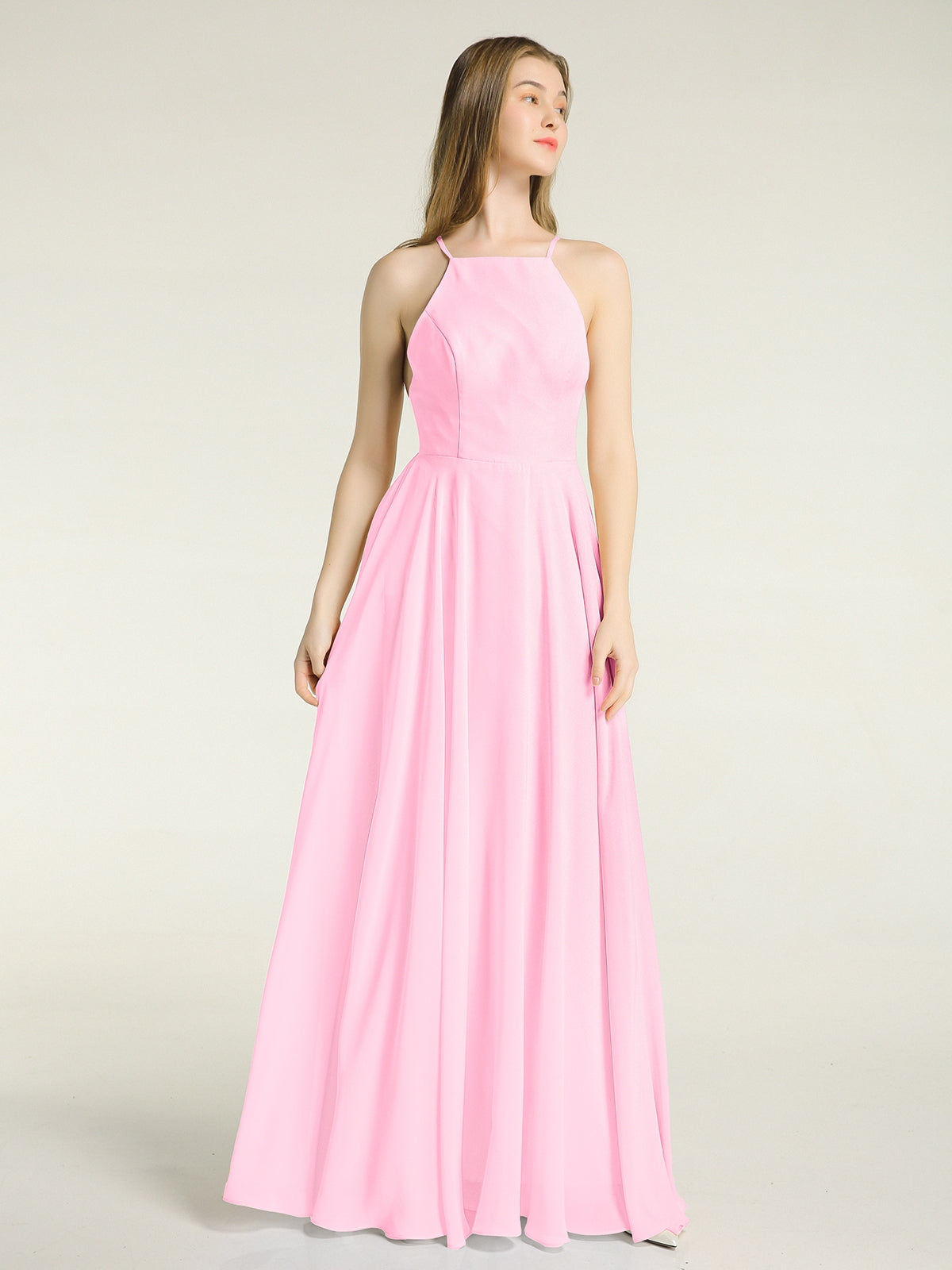 A-Line Pleated Chiffon Floor-Length Dress Candy Pink Plus Size