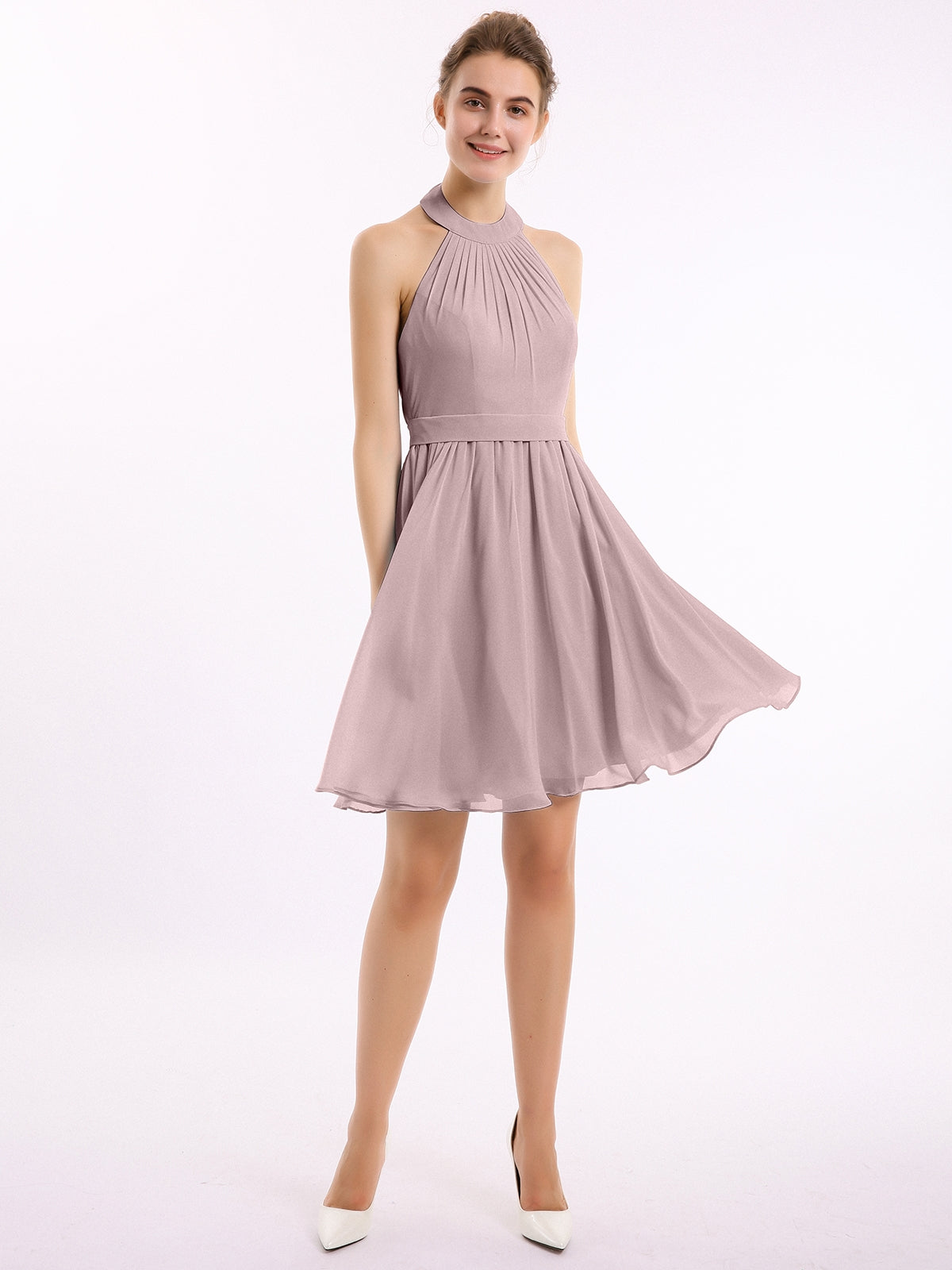 Halter Chiffon Short Dresses With Pocket Coral Plus Size