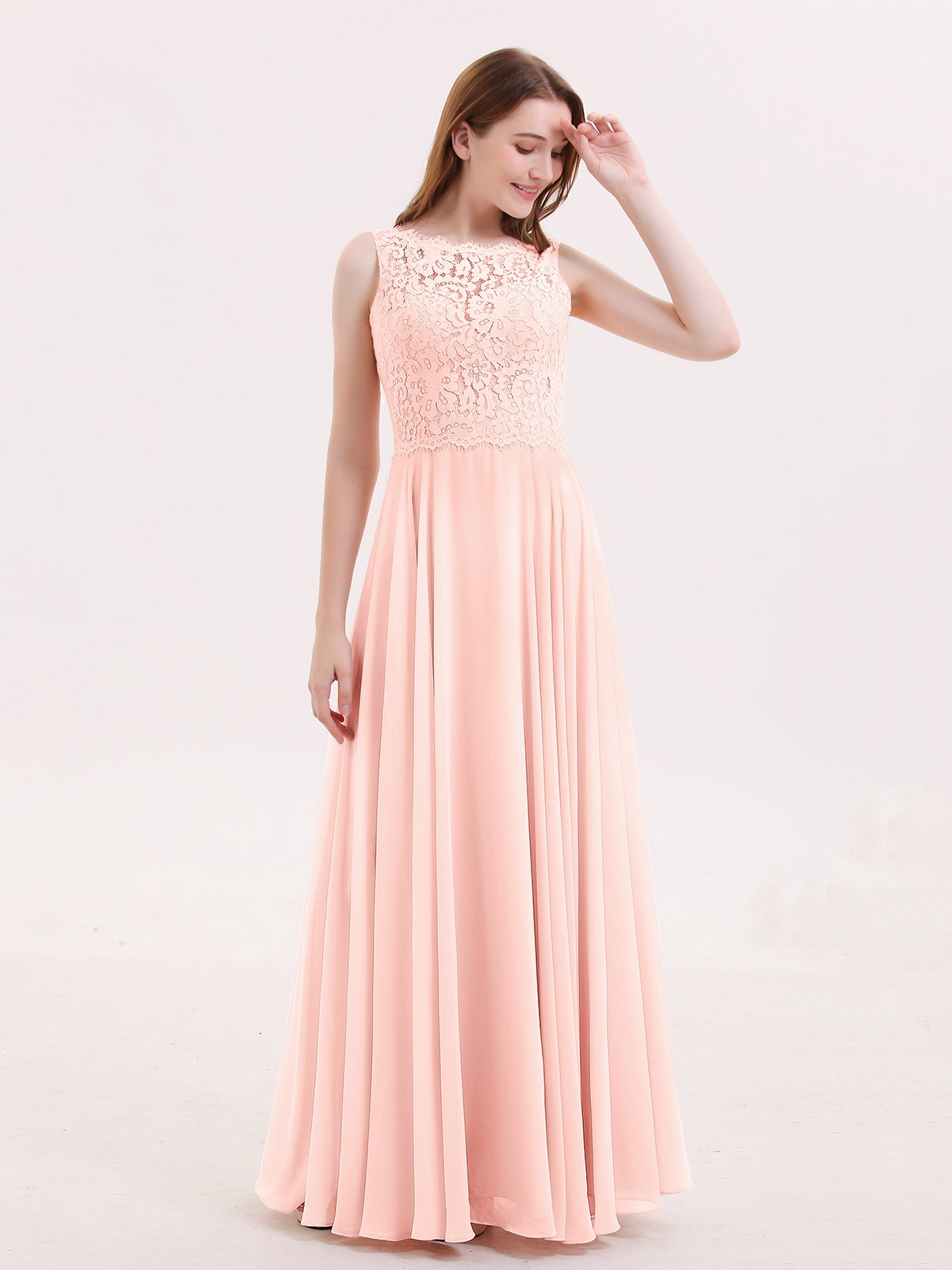 Ivory Lace Top Chiffon Buttom Dress Pearl Pink