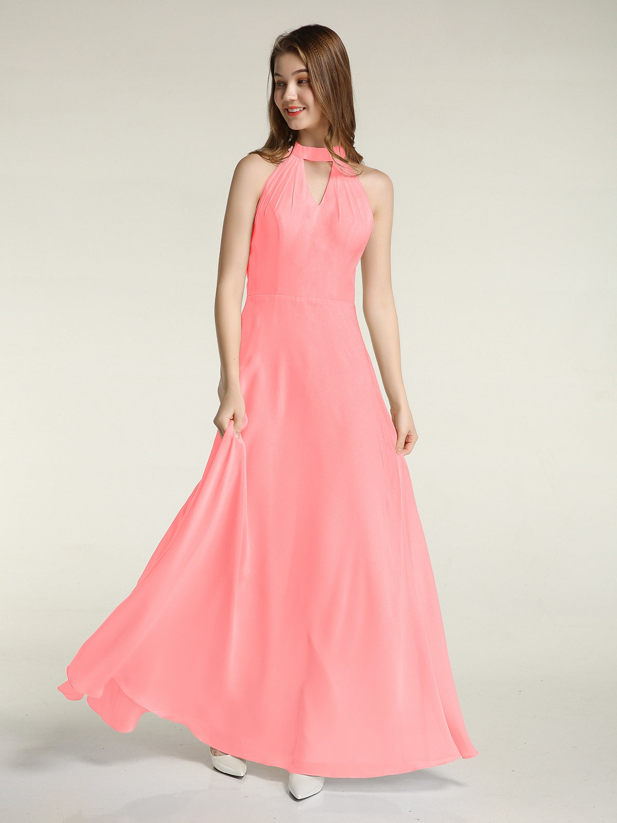 Lace Strap V Neckline Chiffon Bridesmaid Dress Flamingo