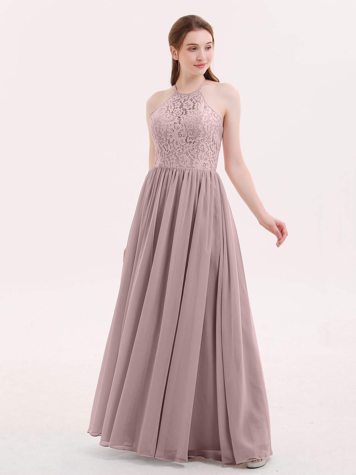 Floor-length Lace Sheath Dress Halter Neck Vintage Mauve Plus Size