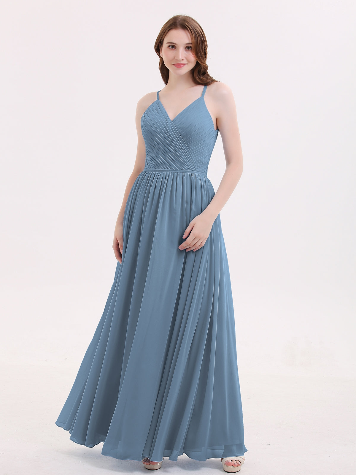 BABARONI Open Back Chiffon Dress with V Neck-Slate Blue, Slate Blue / US0