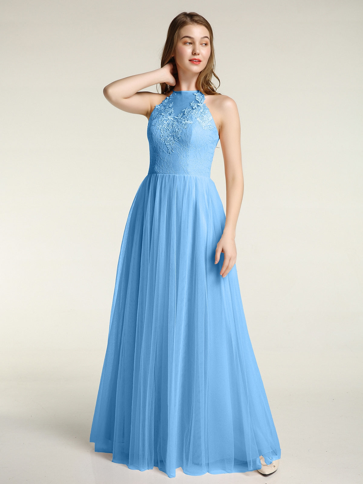 Long Dress with Lace Bodice and Straps Dusty Blue Plus Size