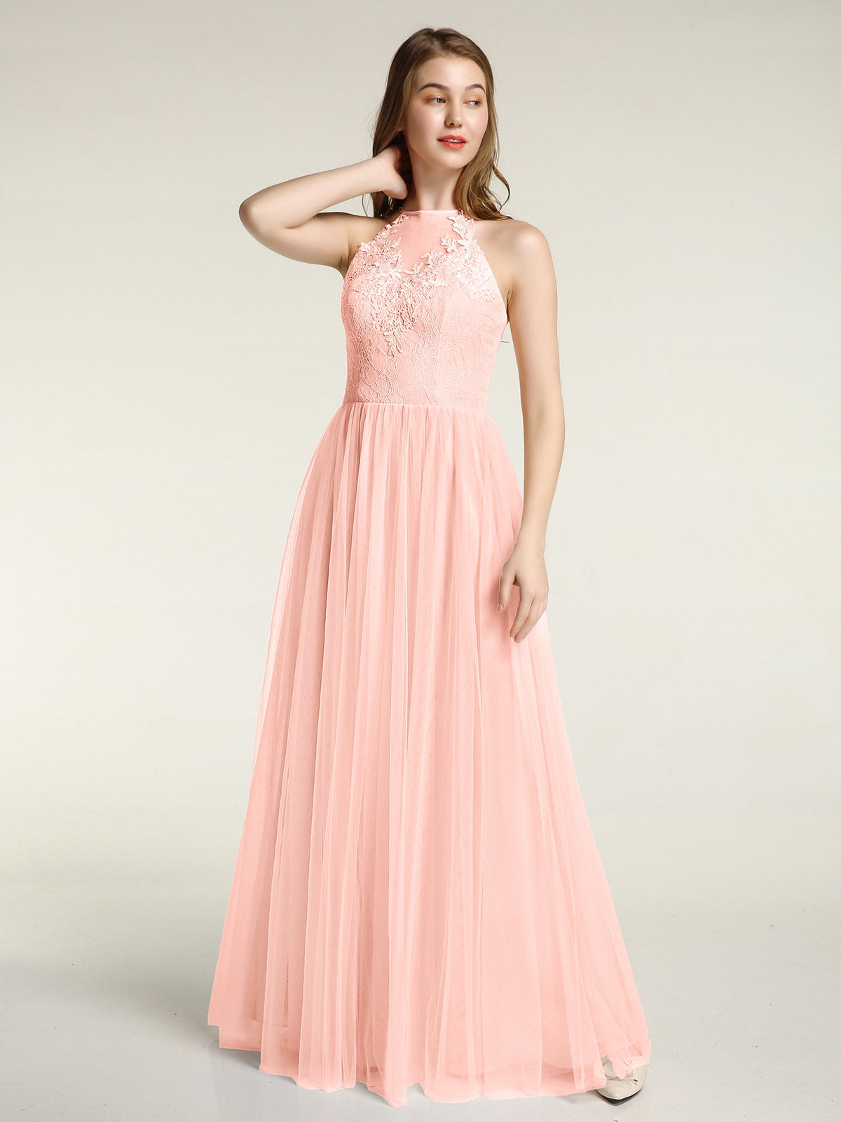 BABARONI Lace Bodice and Tulle Skirt Long Dresses-Coral, Coral / US0