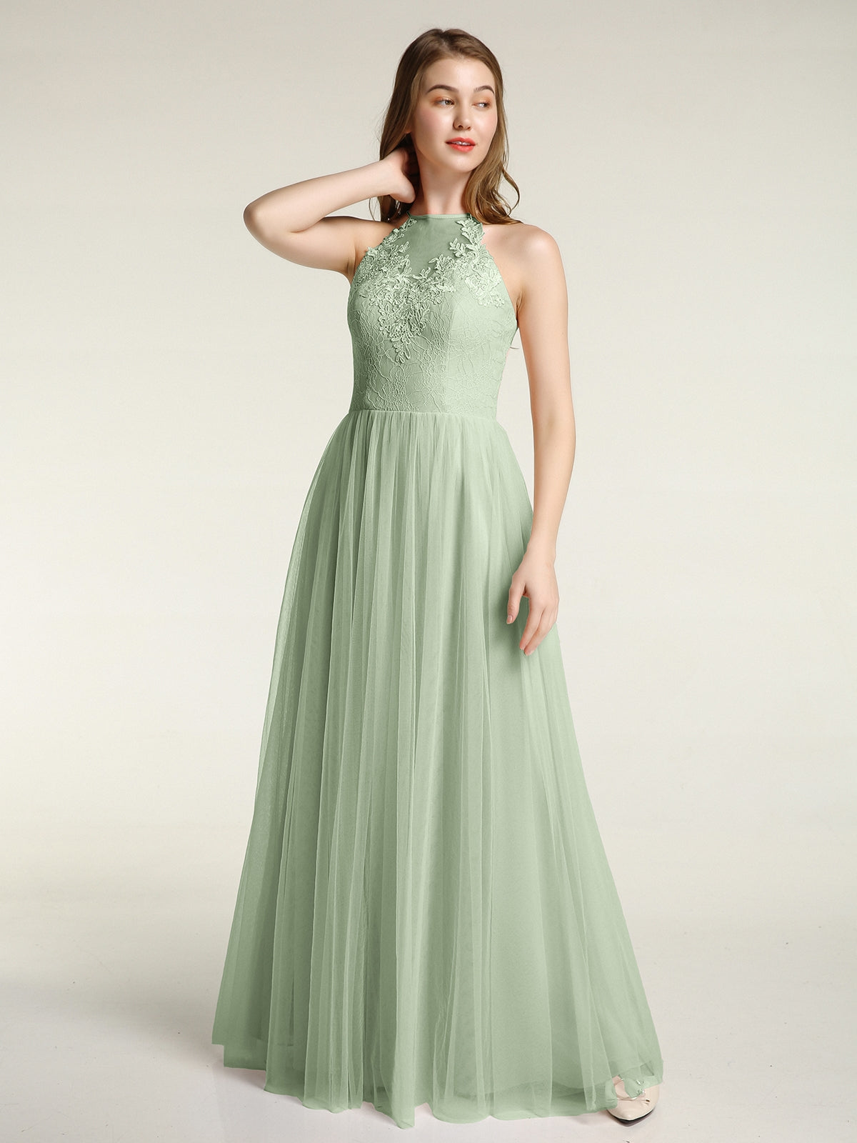 Lace and Chiffon Full Length Dresses Dusty Sage Plus Size