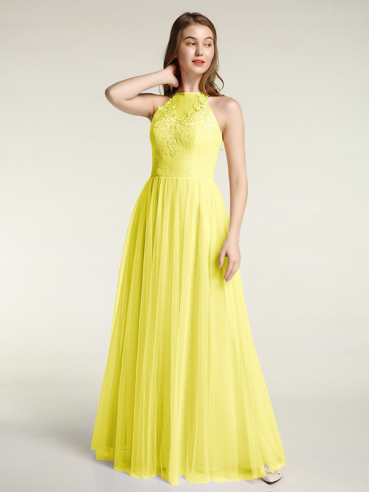 BABARONI Lace Bodice and Tulle Skirt Long Dresses-Lemon, Lemon / US0