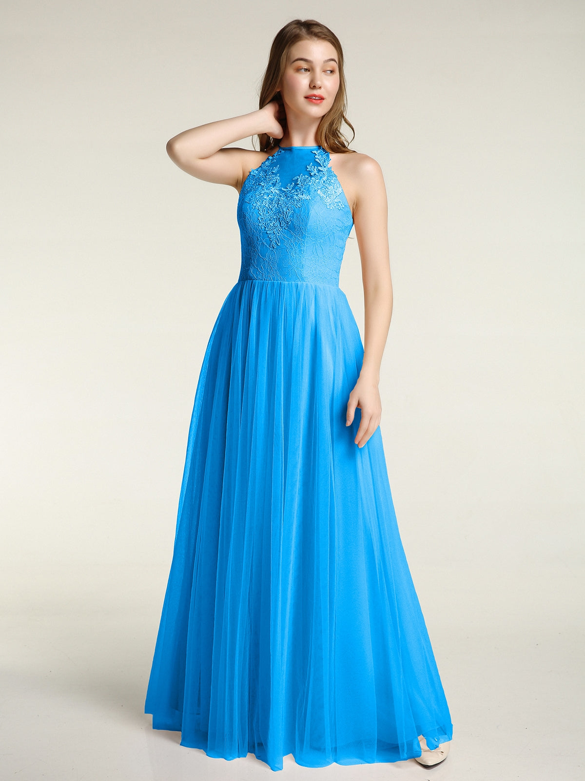 BABARONI Lace Bodice and Tulle Skirt Long Dresses-Ocean Blue Plus Size, Ocean Blue / US18
