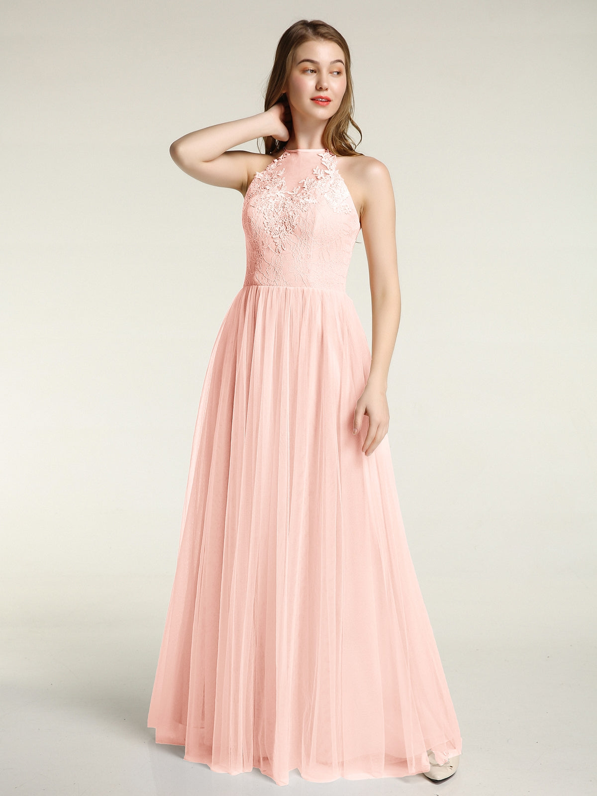 BABARONI Lace Bodice and Tulle Skirt Long Dresses-Pearl Pink Plus Size, Pearl Pink / US18