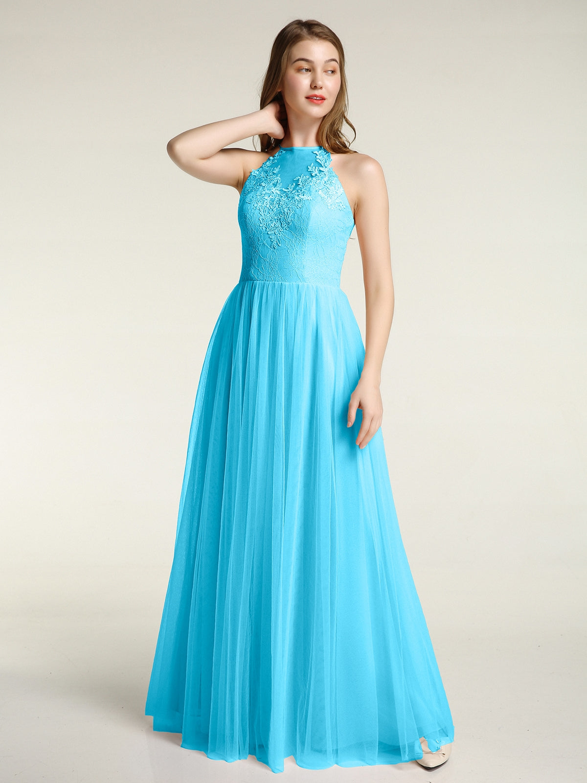 Lace Bodice Chiffon Skirt Long Dresses Ink Blue Plus Size