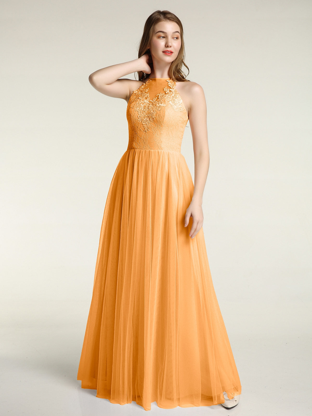 BABARONI Tulle Tangerine Bridesmaid Dresses Halter Floor-length