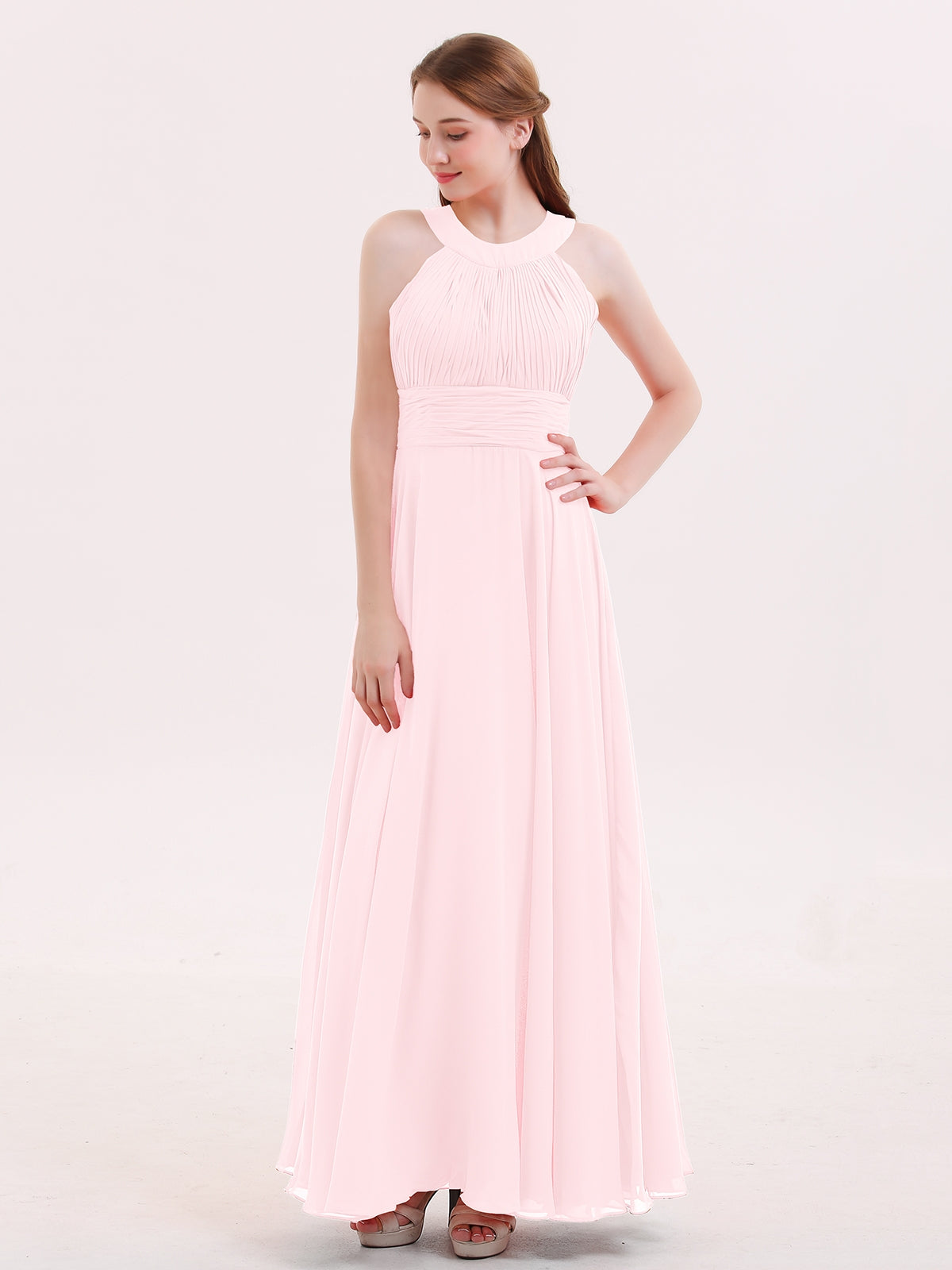 V-neck Chiffon Maxi Bridesmaid Dresses Blushing Pink