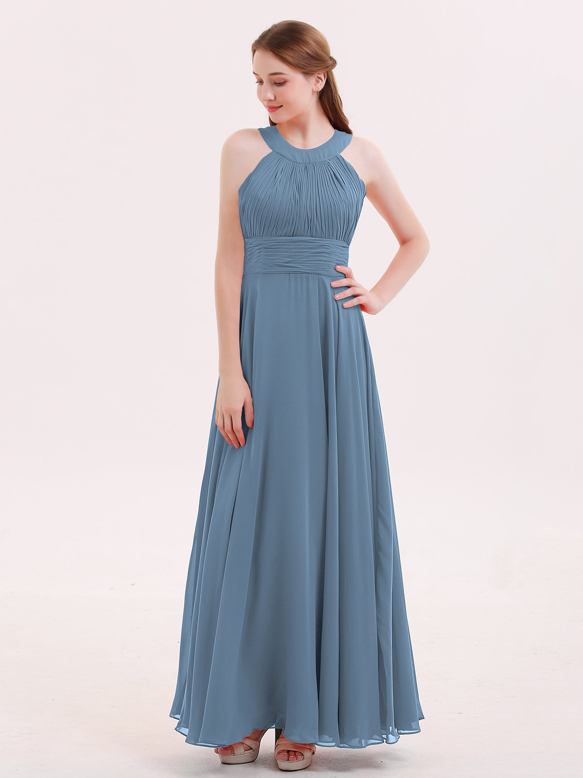 BABARONI Halter Neck Open Back Chiffon Bridesmaid Dress-Slate Blue / Slate Blue / US0