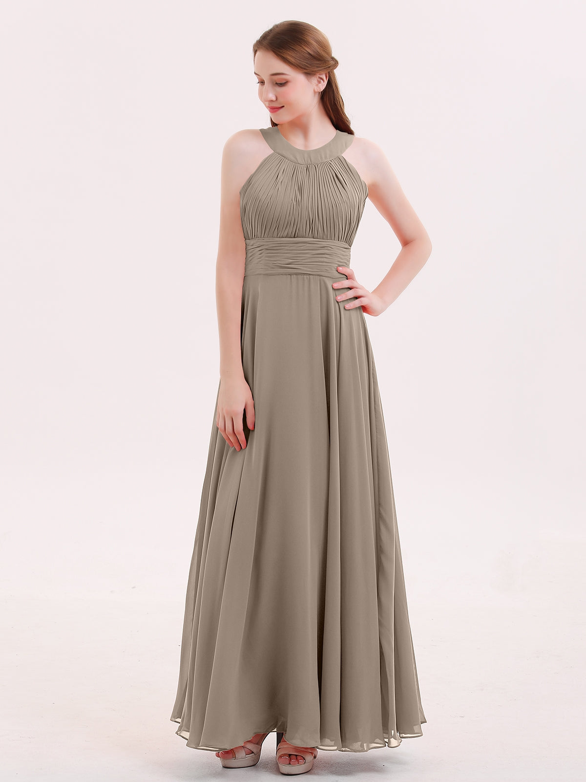 BABARONI Halter Neck Open Back Chiffon Bridesmaid Dress-Taupe Plus size, Taupe / US18