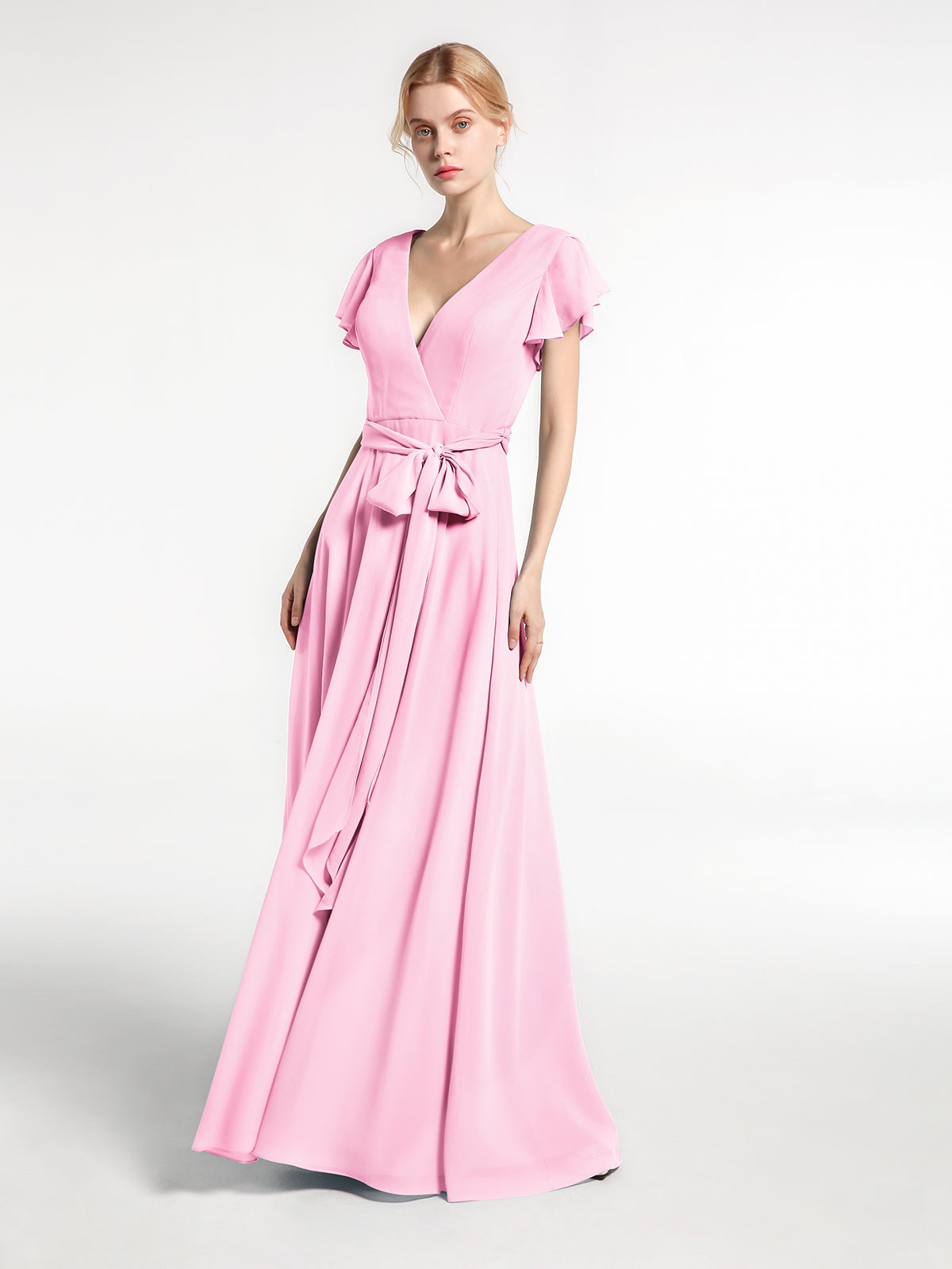 Long Lace Cap Sleeves Chiffon Gown with V Neck Candy Pink Plus Size