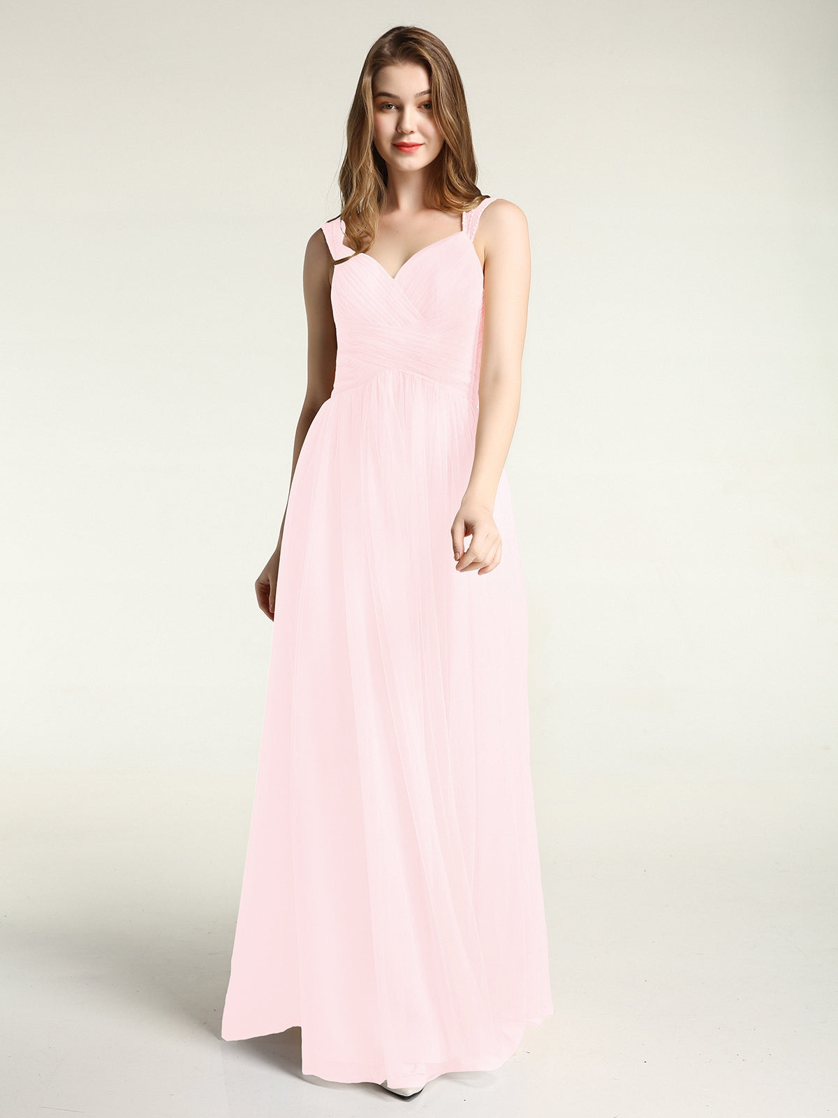 chinese dress ladies Sheath Spaghetti Straps Floor Length Light Pink Satin Bridesmaid Dress - main image 0