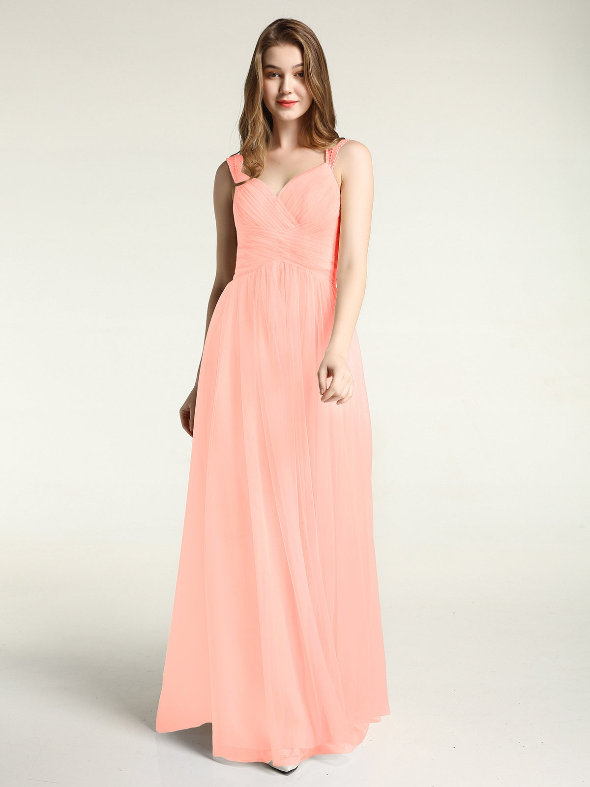 Long Tulle Dress with Beaded Straps Coral